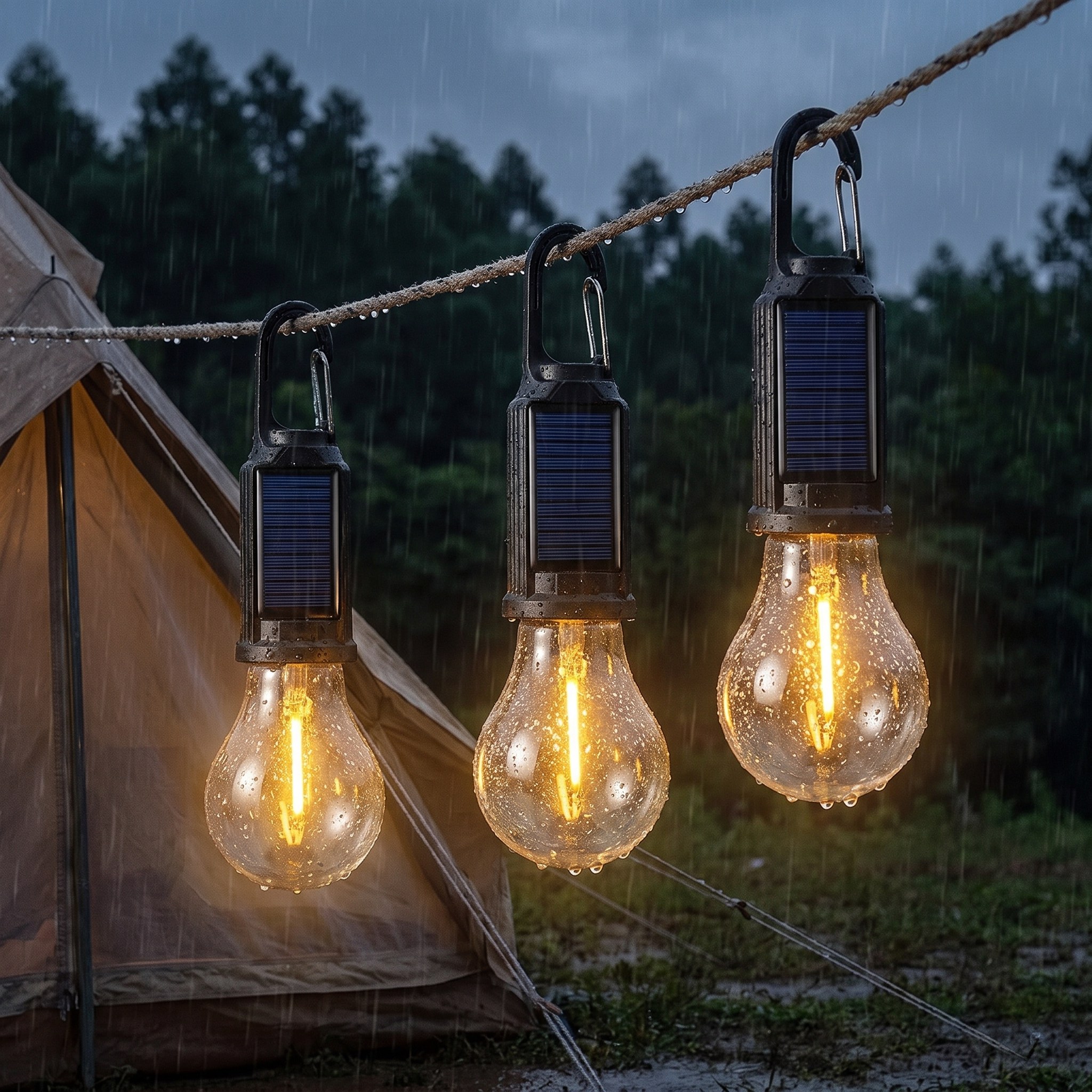 Three solar camping bulb lights clipped to a guy-line in evening rain