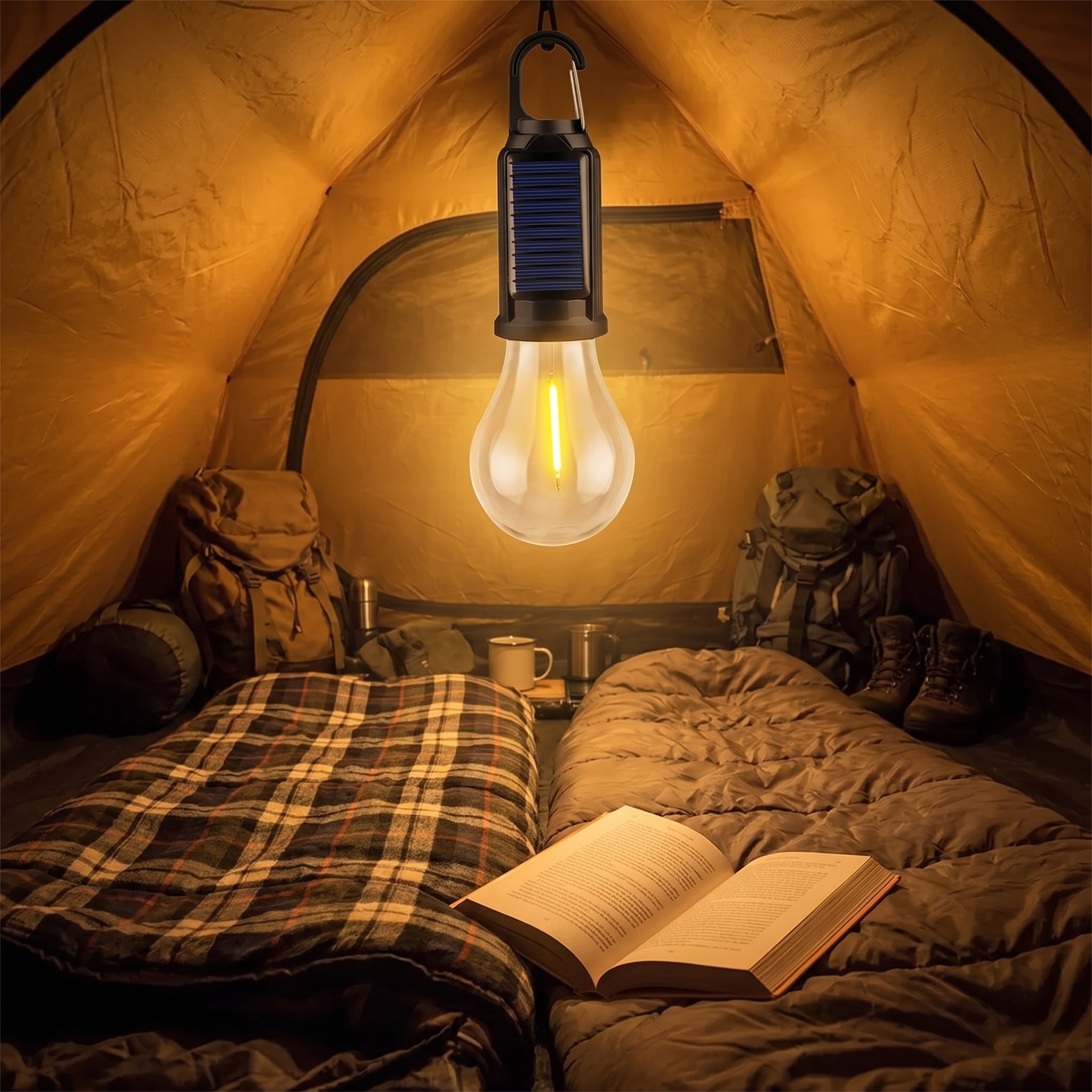 Solar camping bulb light hanging inside a tent, lighting sleeping bags and an open book