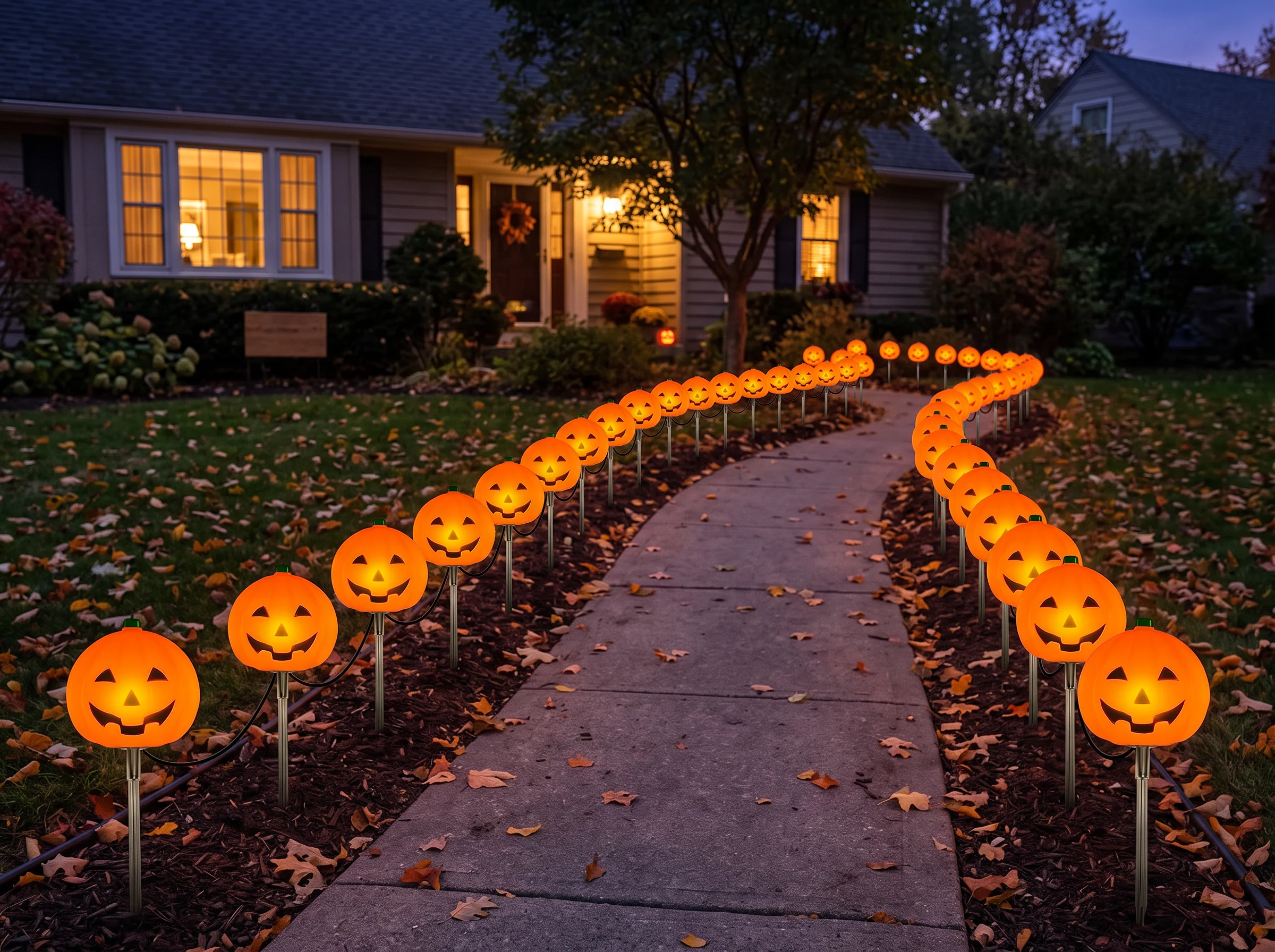 Looking down a front path edged with lit pumpkin stake lights, the thin black connecting wire visible running low along the soil between them