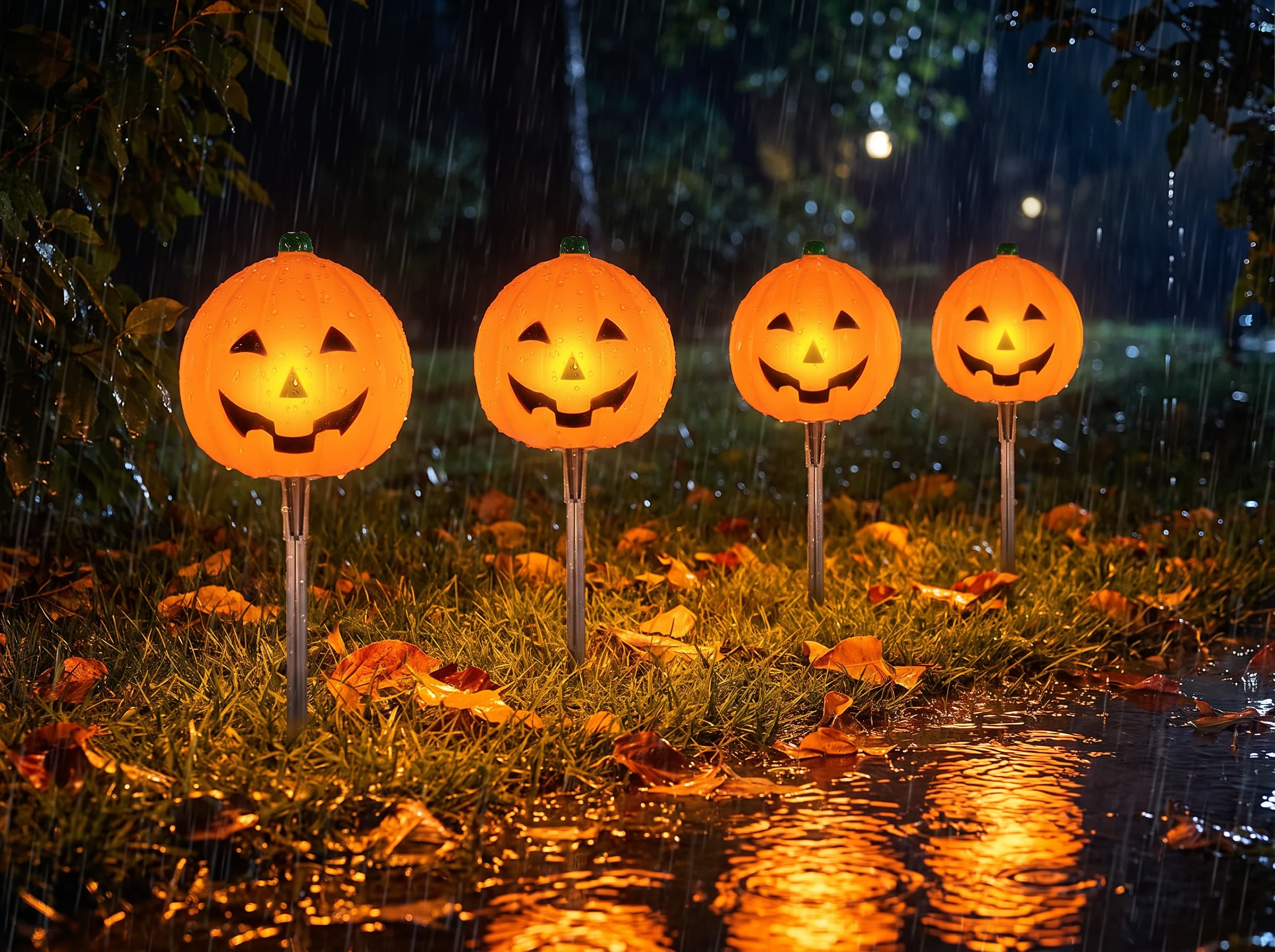 The pumpkin lights still glowing warm orange in a wet garden during light autumn rain, raindrops beading on the moulded shells