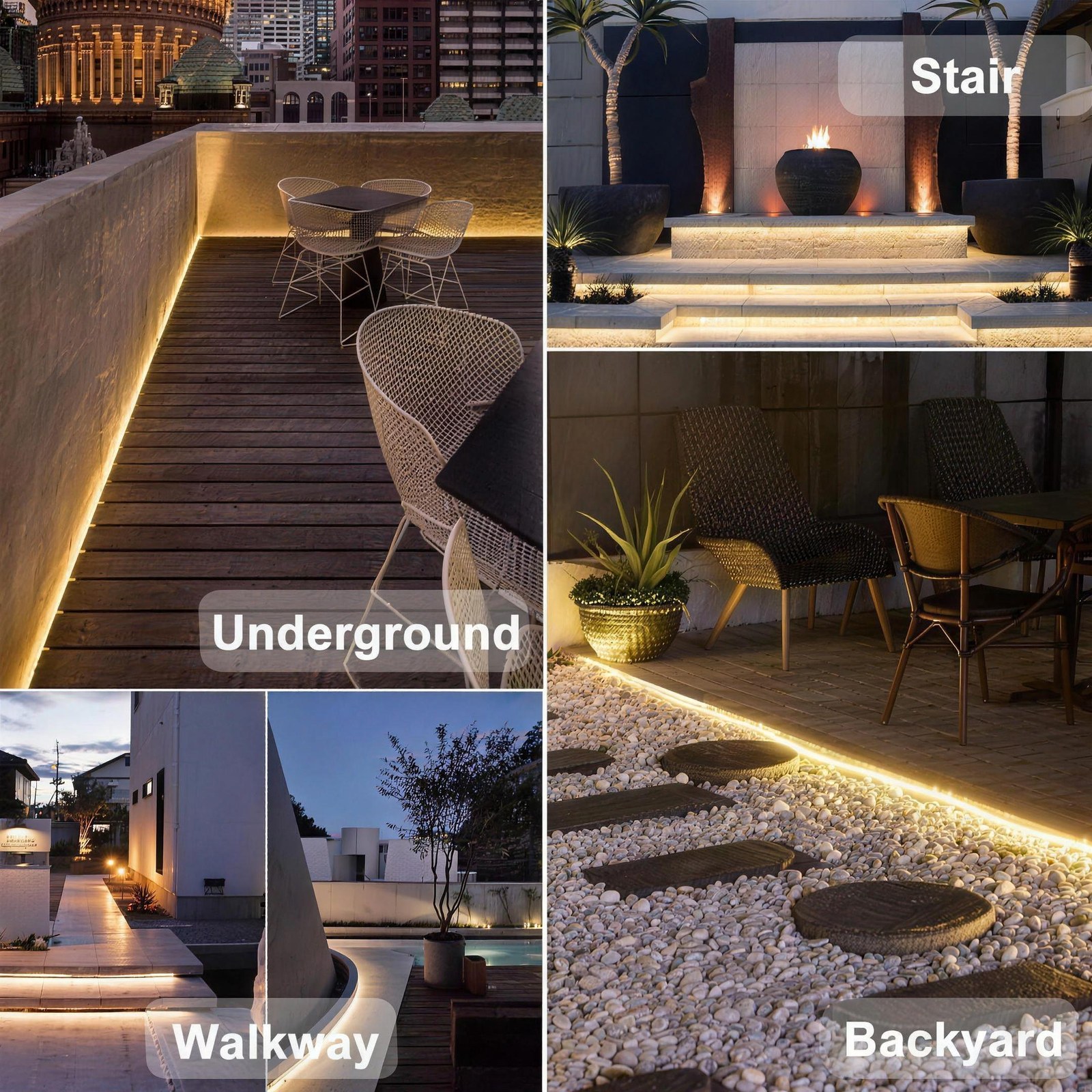 The rope light installed four ways: along a walkway, a backyard patio, deck stairs and under a step