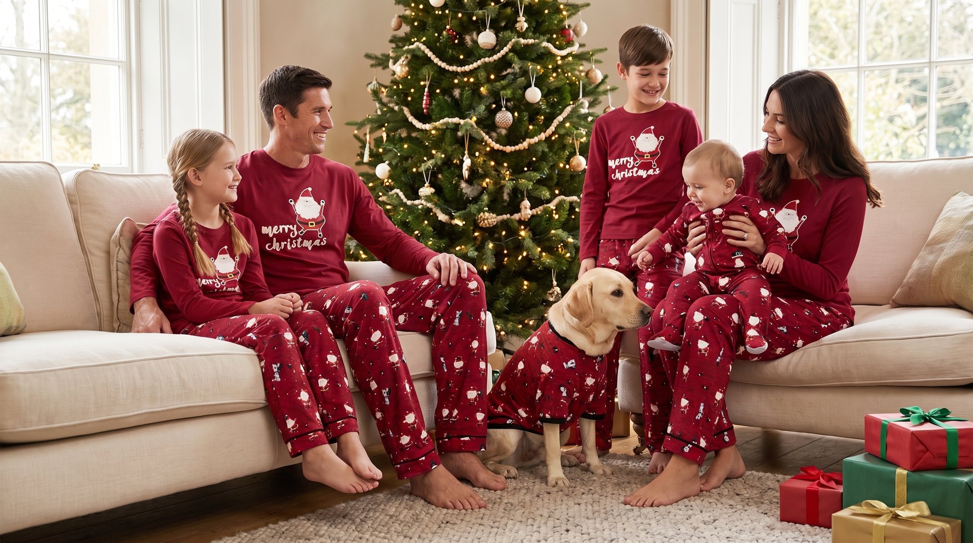 Family of five and their dog on a cream sofa in matching red Santa Christmas pajamas beside a decorated tree