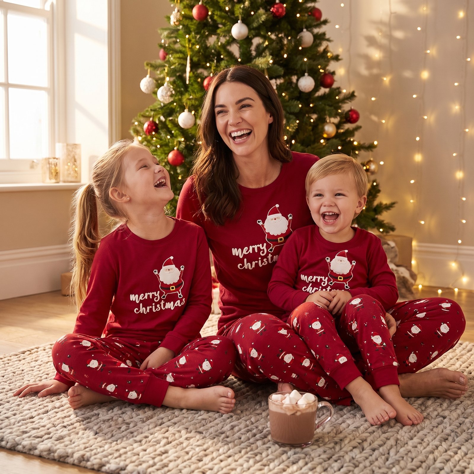 Mother and two children laughing on a rug in matching red Santa print pajamas in front of a Christmas tree