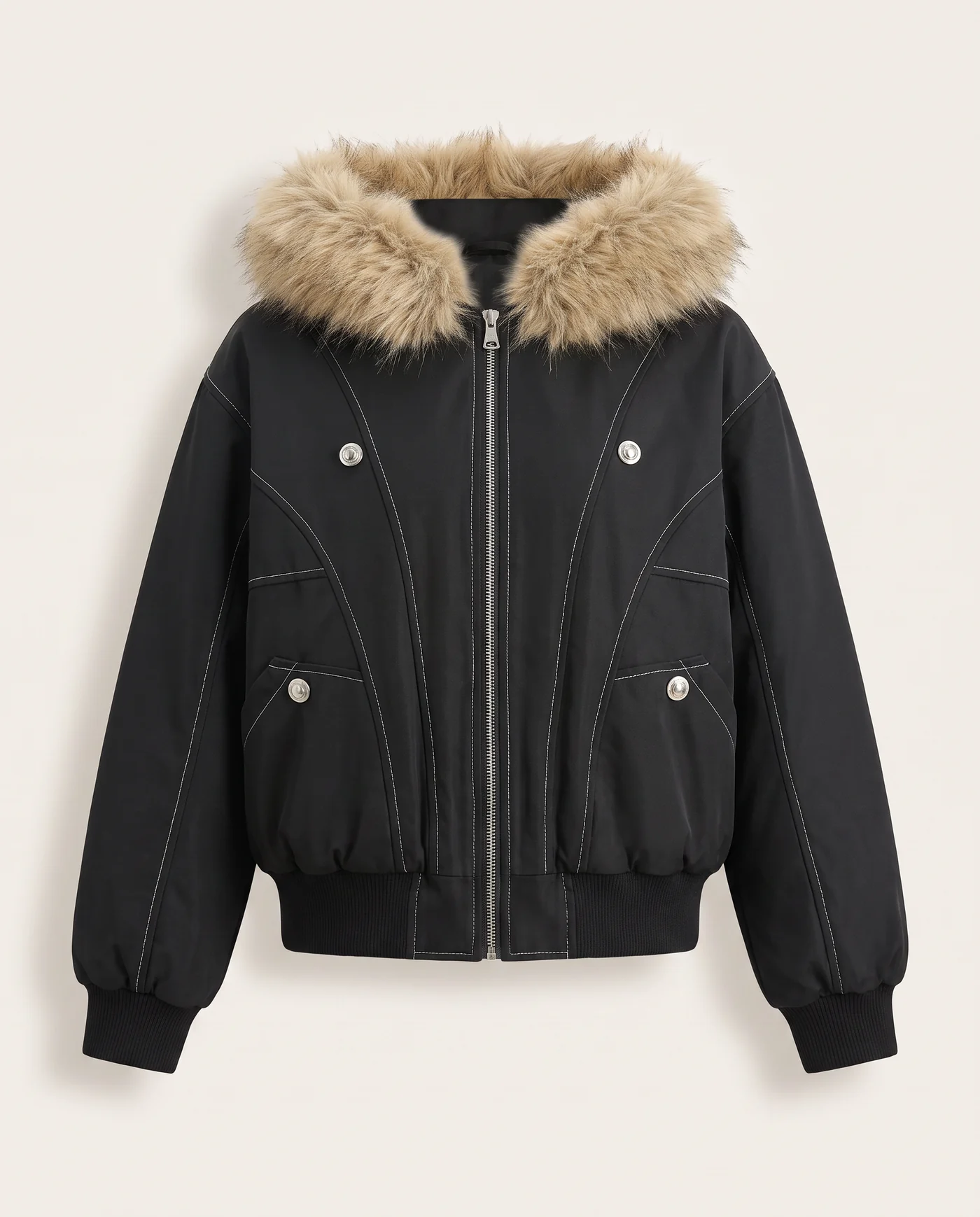 Front view of the black bomber jacket, zipped, with its tan faux fur hood trim