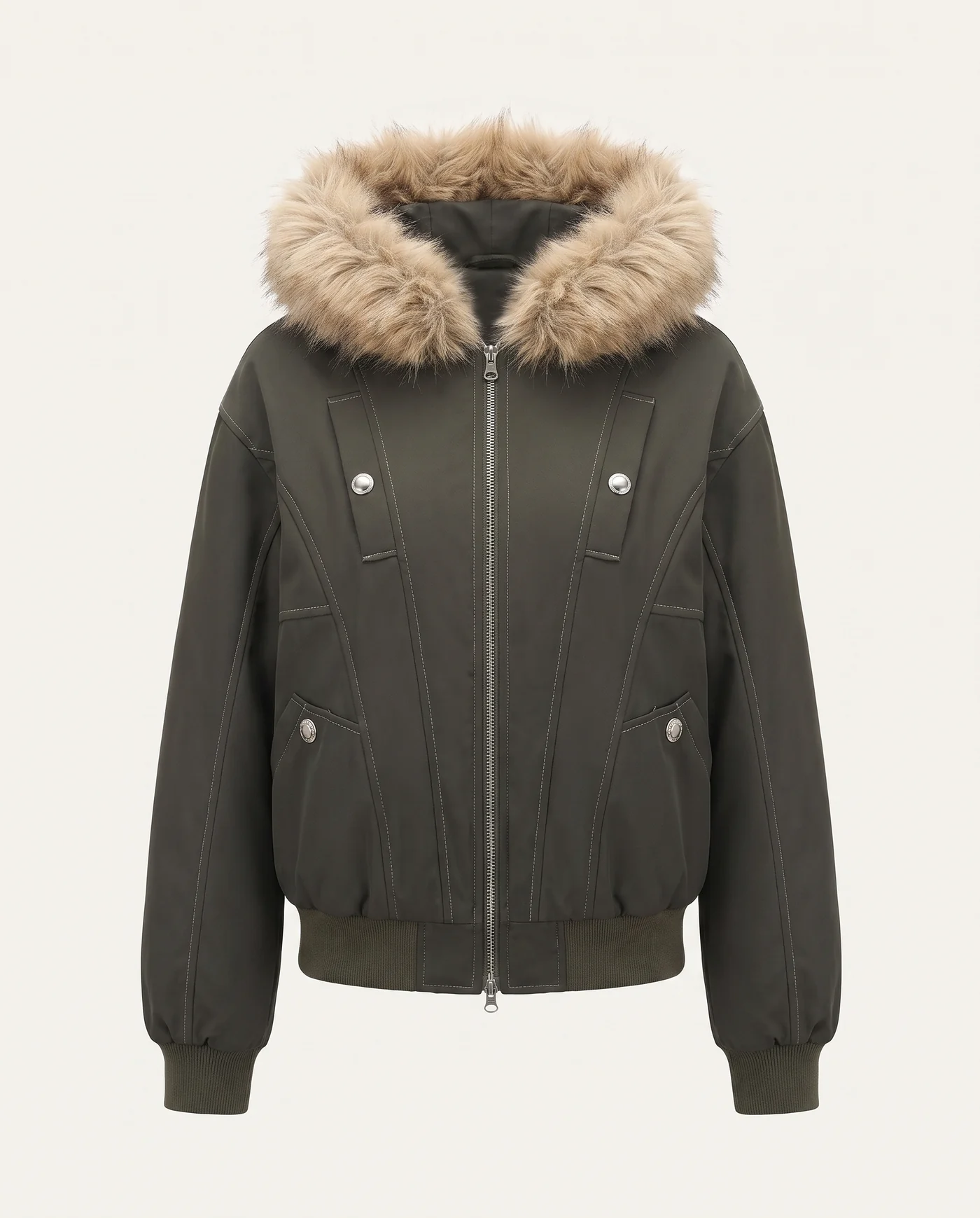 Front view of the army green bomber jacket, zipped, with its tan faux fur hood trim