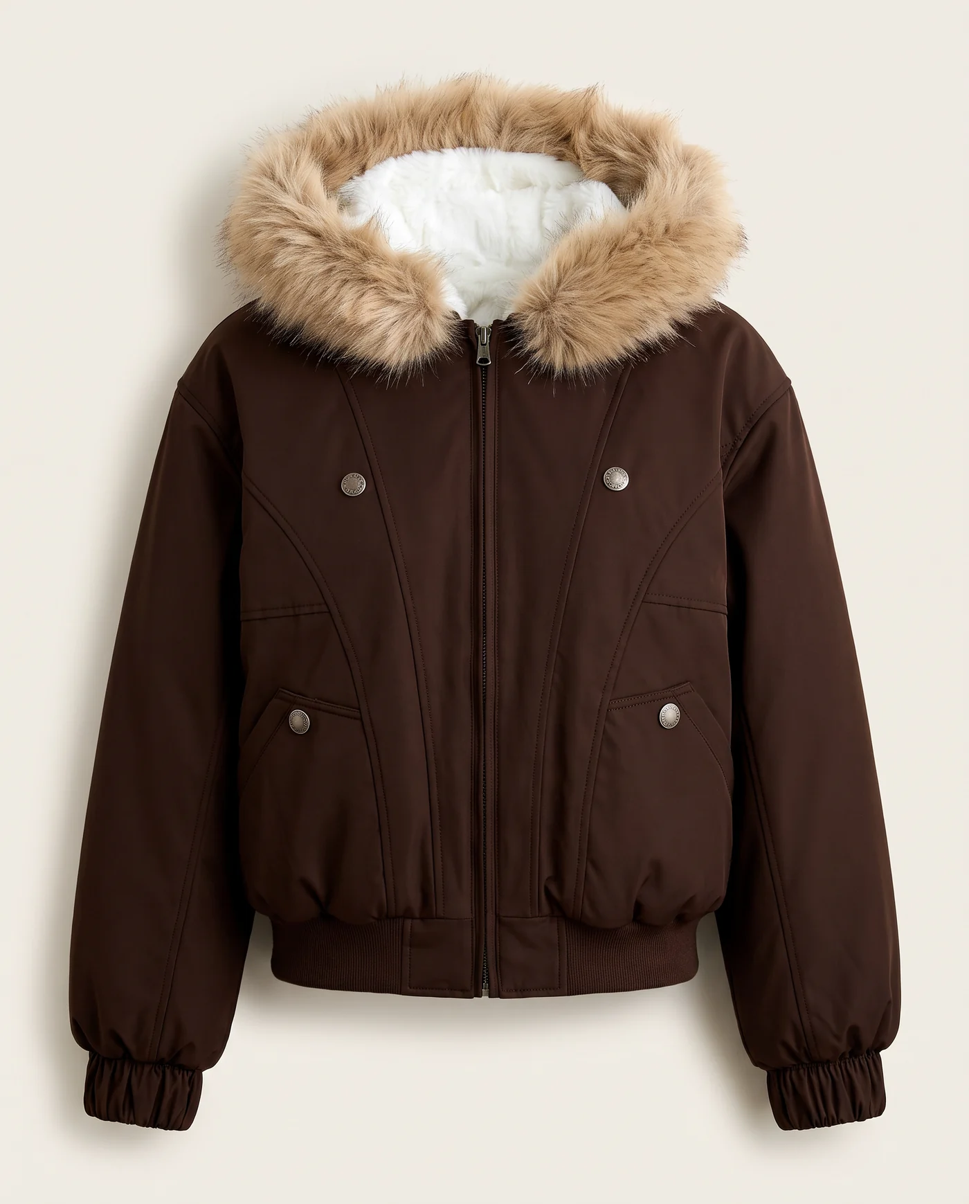 Front view of the mocha brown bomber jacket, zipped, with its tan faux fur hood trim
