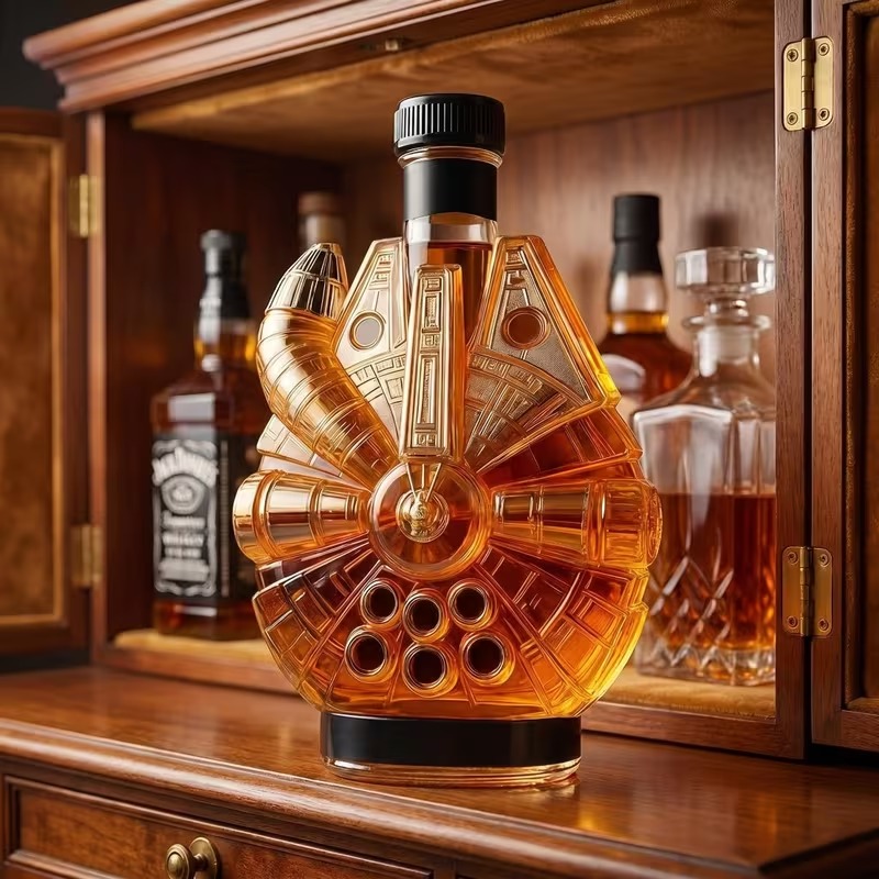 The starship decanter in a drinks cabinet beside a whiskey bottle and a crystal decanter