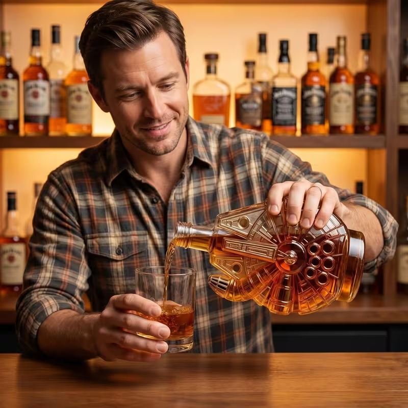 Pouring whiskey from the starship decanter at a home bar