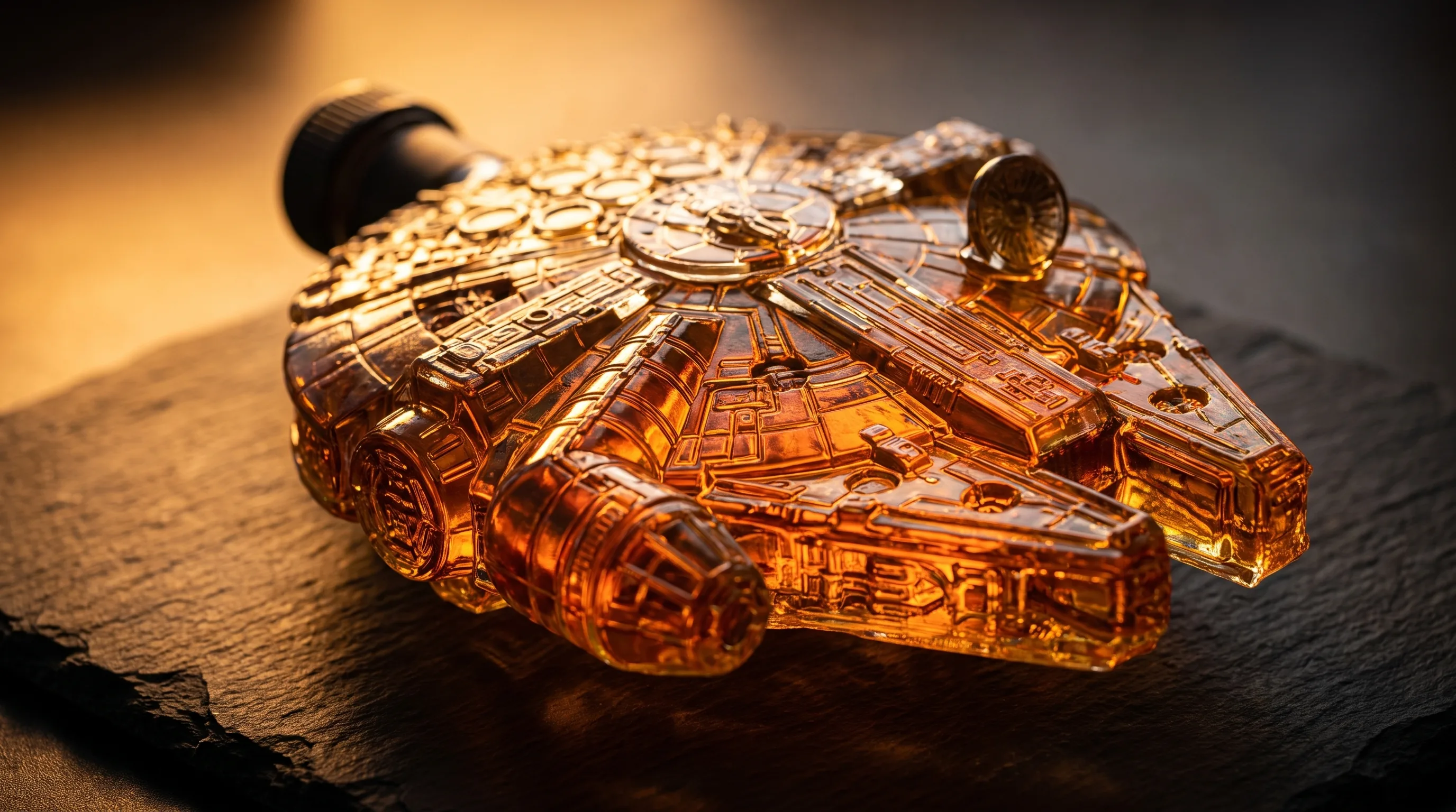 Backlit starship-shaped glass decanter with moulded panel detail
