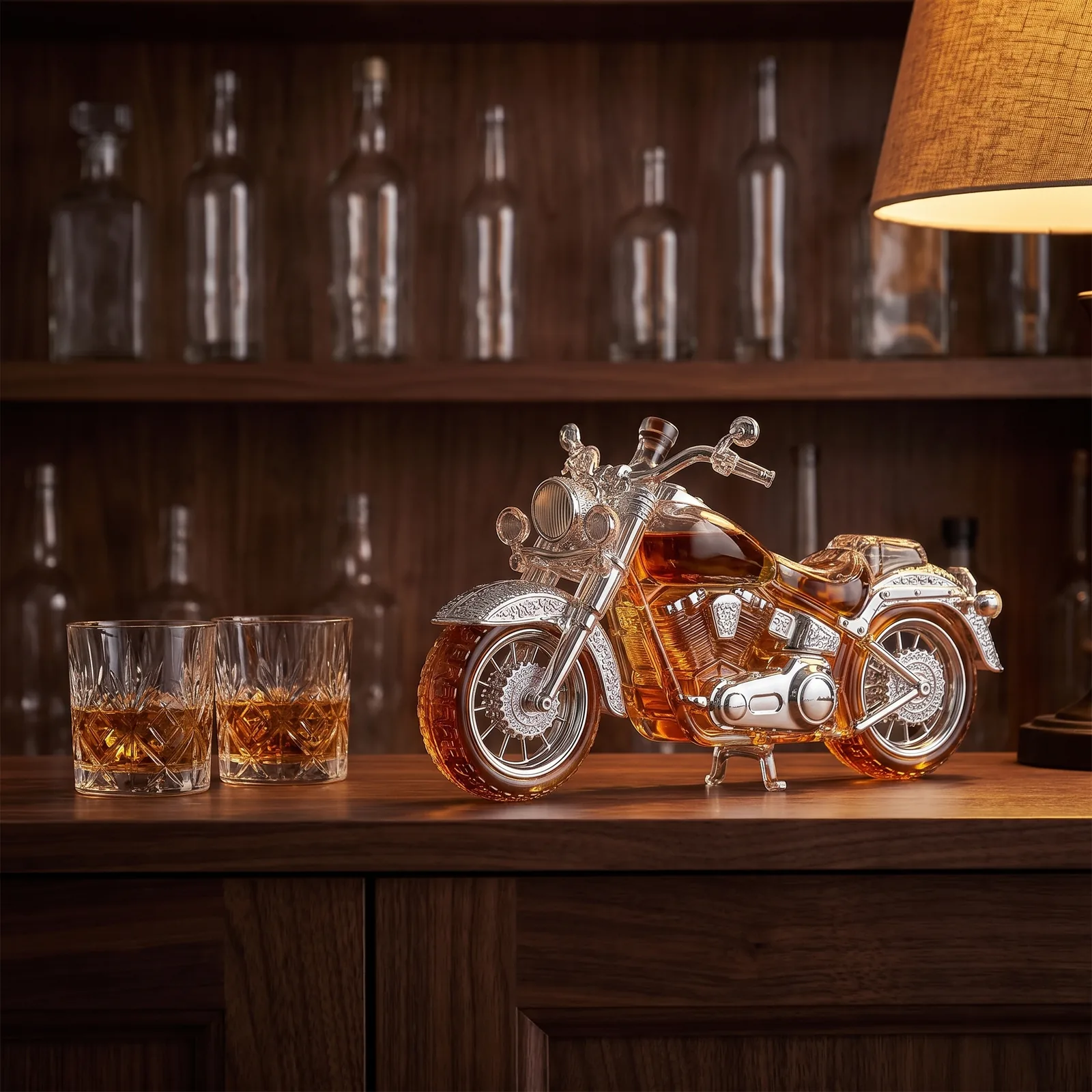 The motorcycle decanter on a home bar beside two tumblers