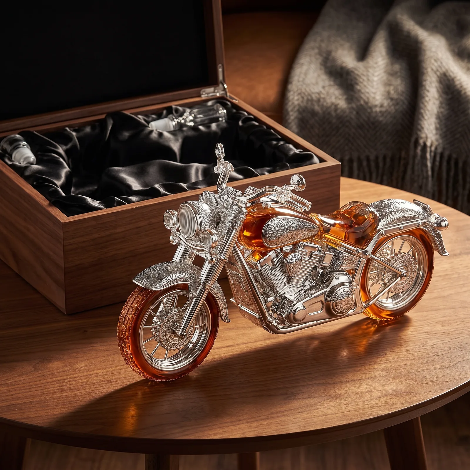 The motorcycle decanter beside an open lined gift box