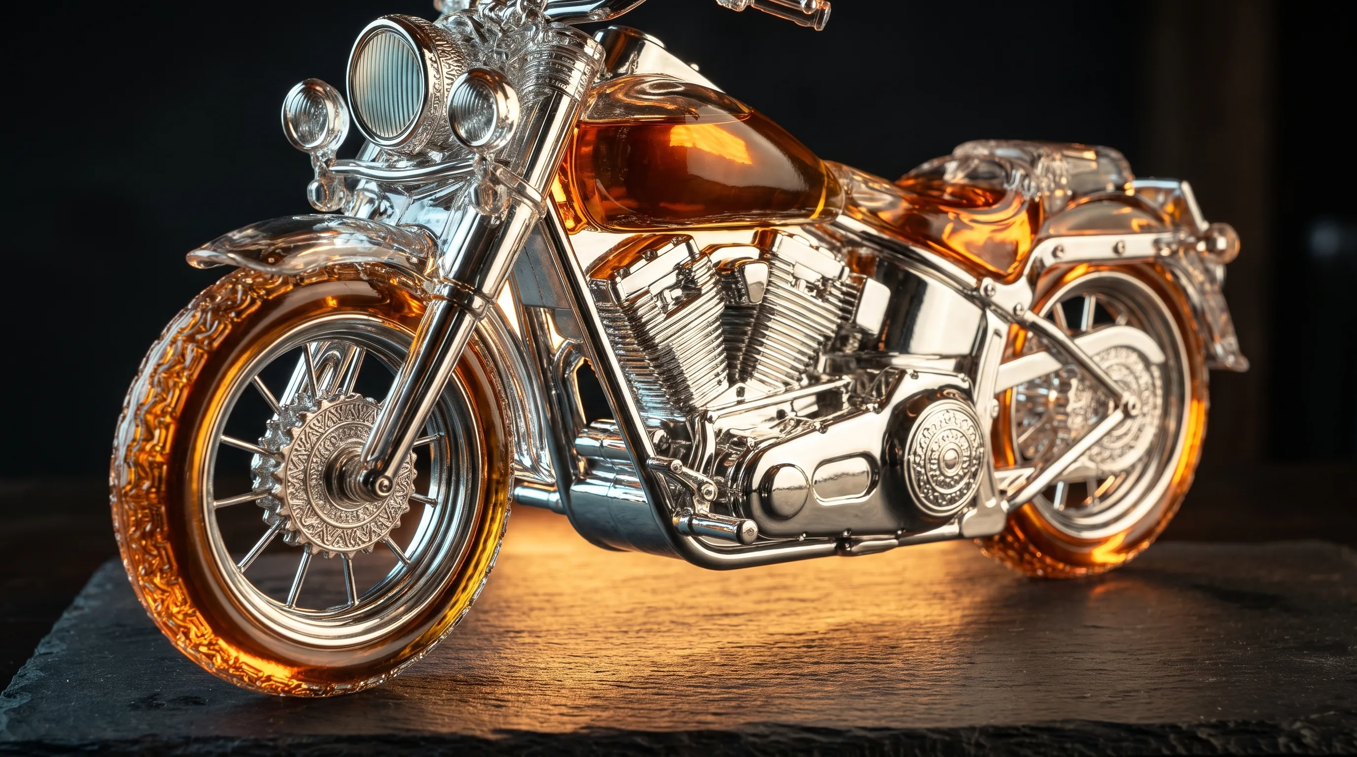 Backlit motorcycle-shaped glass decanter with chrome detail glowing