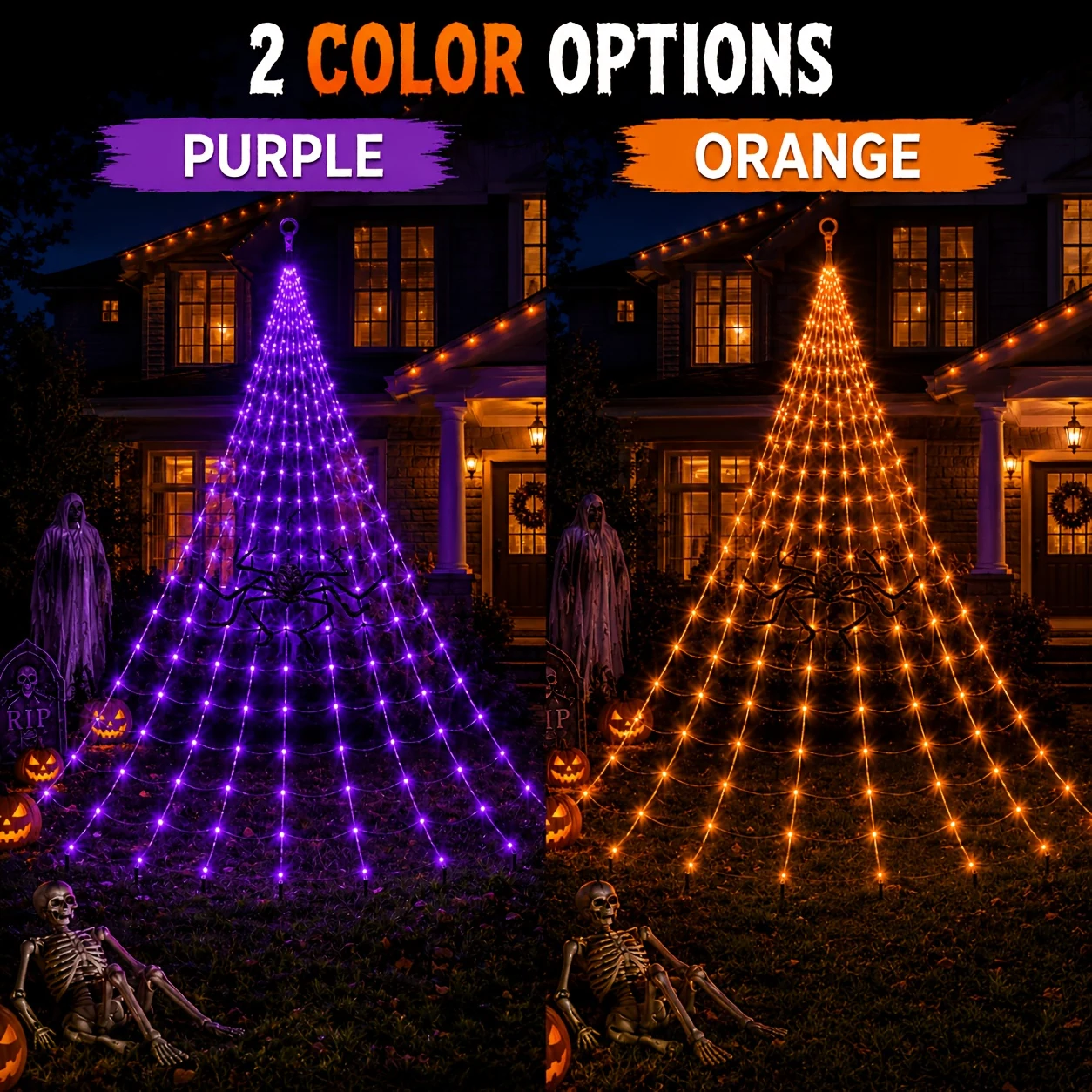 The same solar spider web light shown in purple and in warm orange on the front of a house