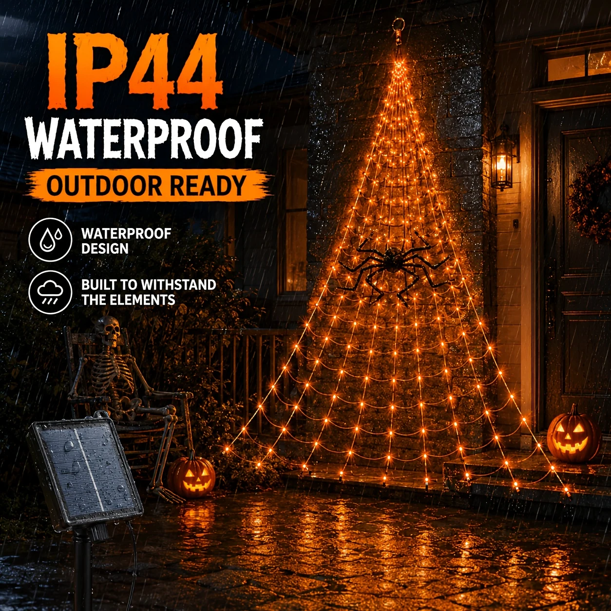 The orange solar spider web light lit up on a wet stone house wall during heavy rain