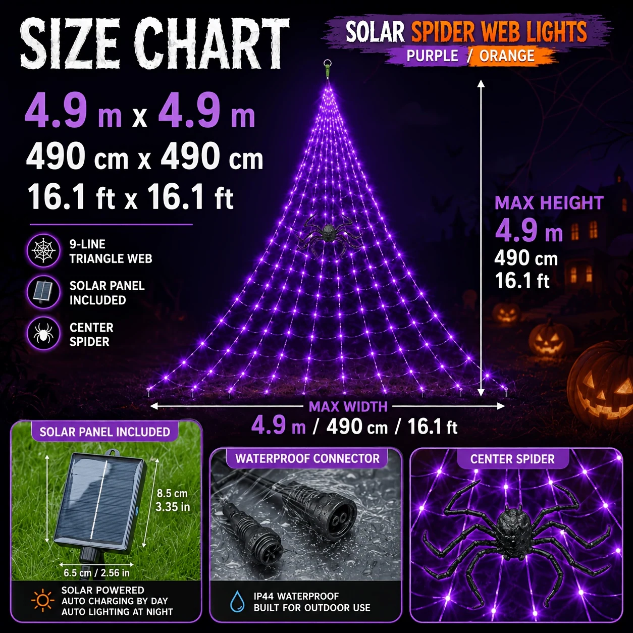 Size chart for the solar spider web light: 4.9m by 4.9m, 16.1ft by 16.1ft, nine-line triangle web, solar panel 6.5cm by 8.5cm, waterproof connector and centre spider