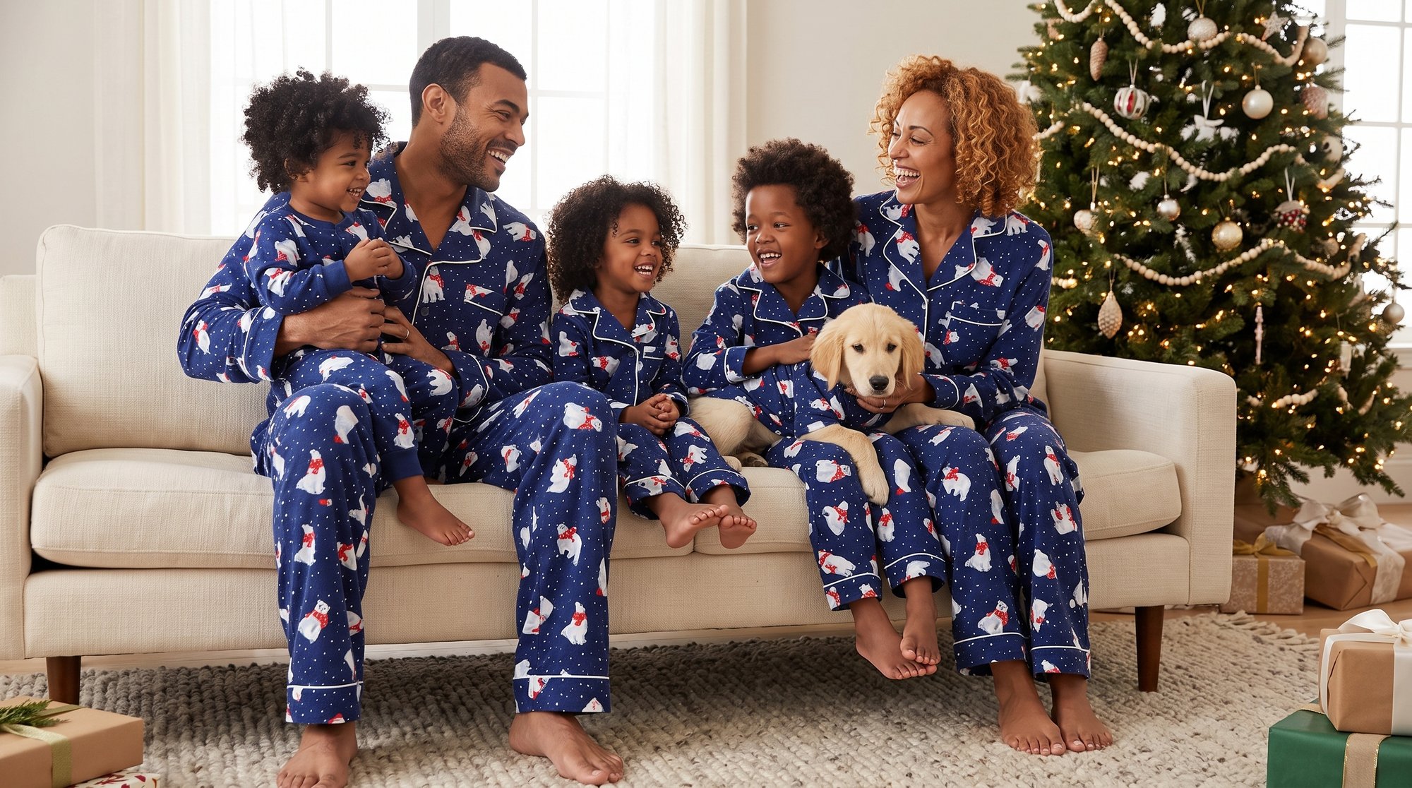 Family of five and a puppy on a cream sofa in matching navy polar bear button-front pajamas beside a decorated tree