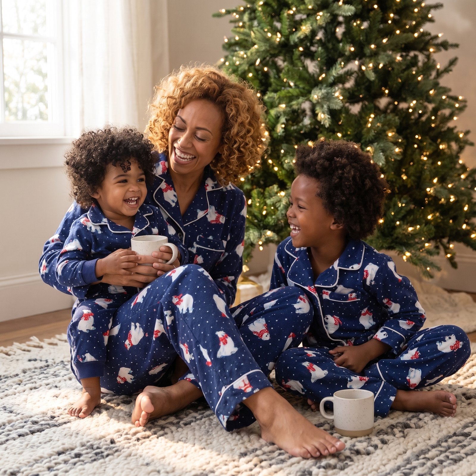 Mother and two children on a rug in matching navy polar bear pajamas in front of a Christmas tree