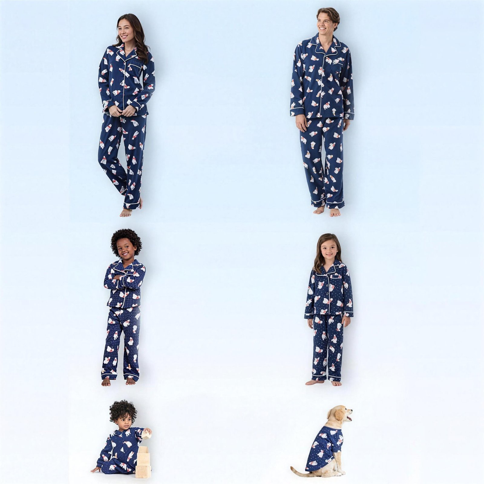 Man wearing the navy polar bear button-front pajama set, front view on white