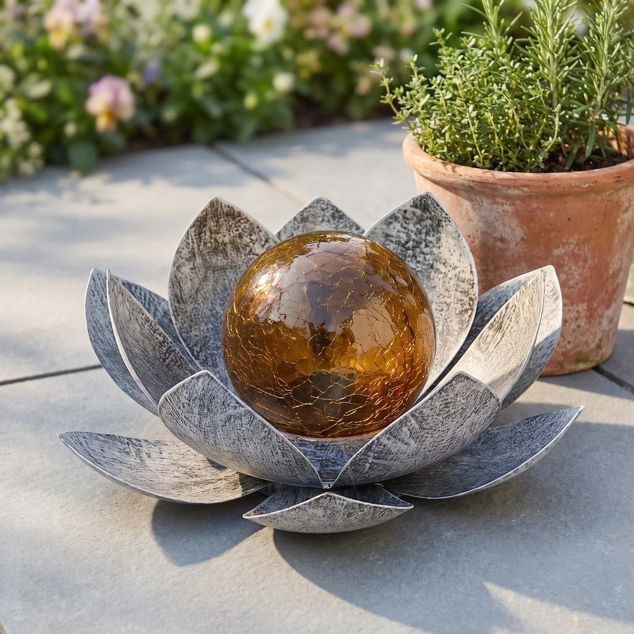 Pewter lotus resting on a patio in daylight
