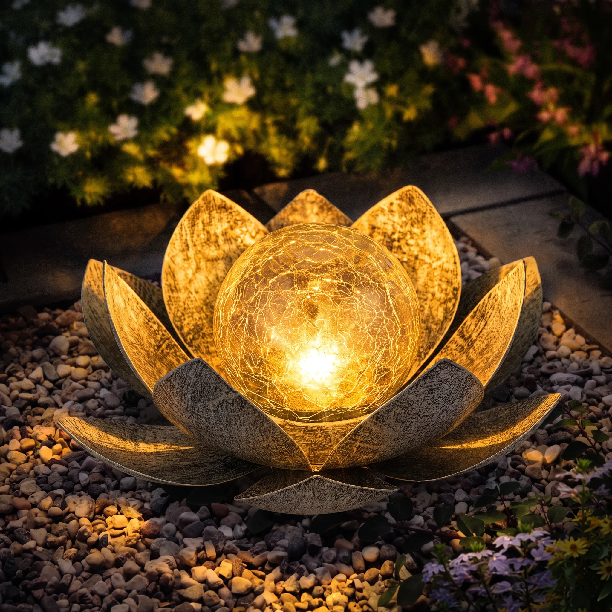 Amber crackle glass glowing after dark