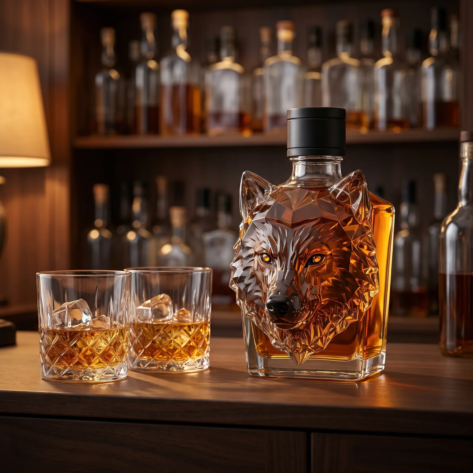 The wolf decanter on a home bar beside two cut-crystal tumblers