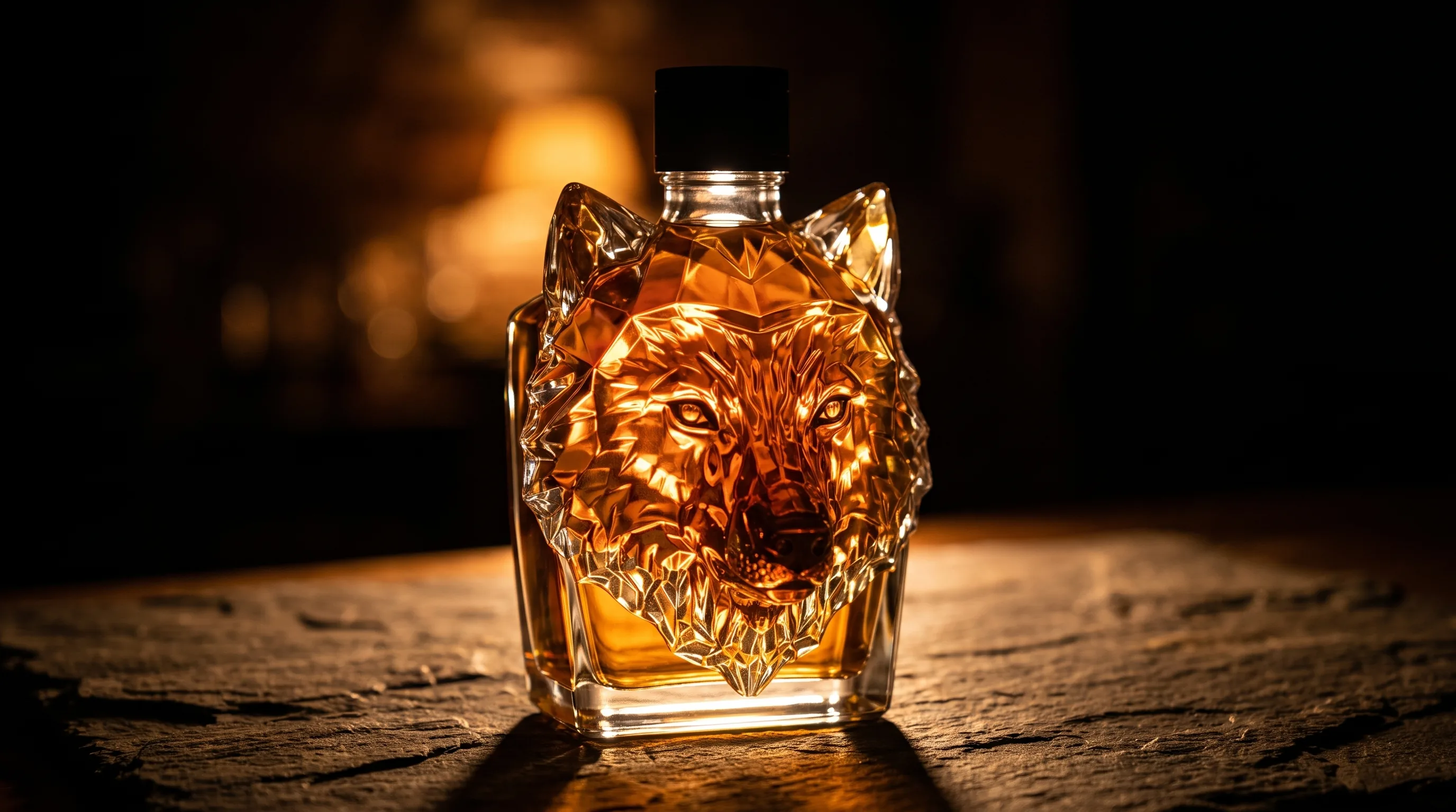 Backlit wolf-head decanter with the cut facets glowing amber