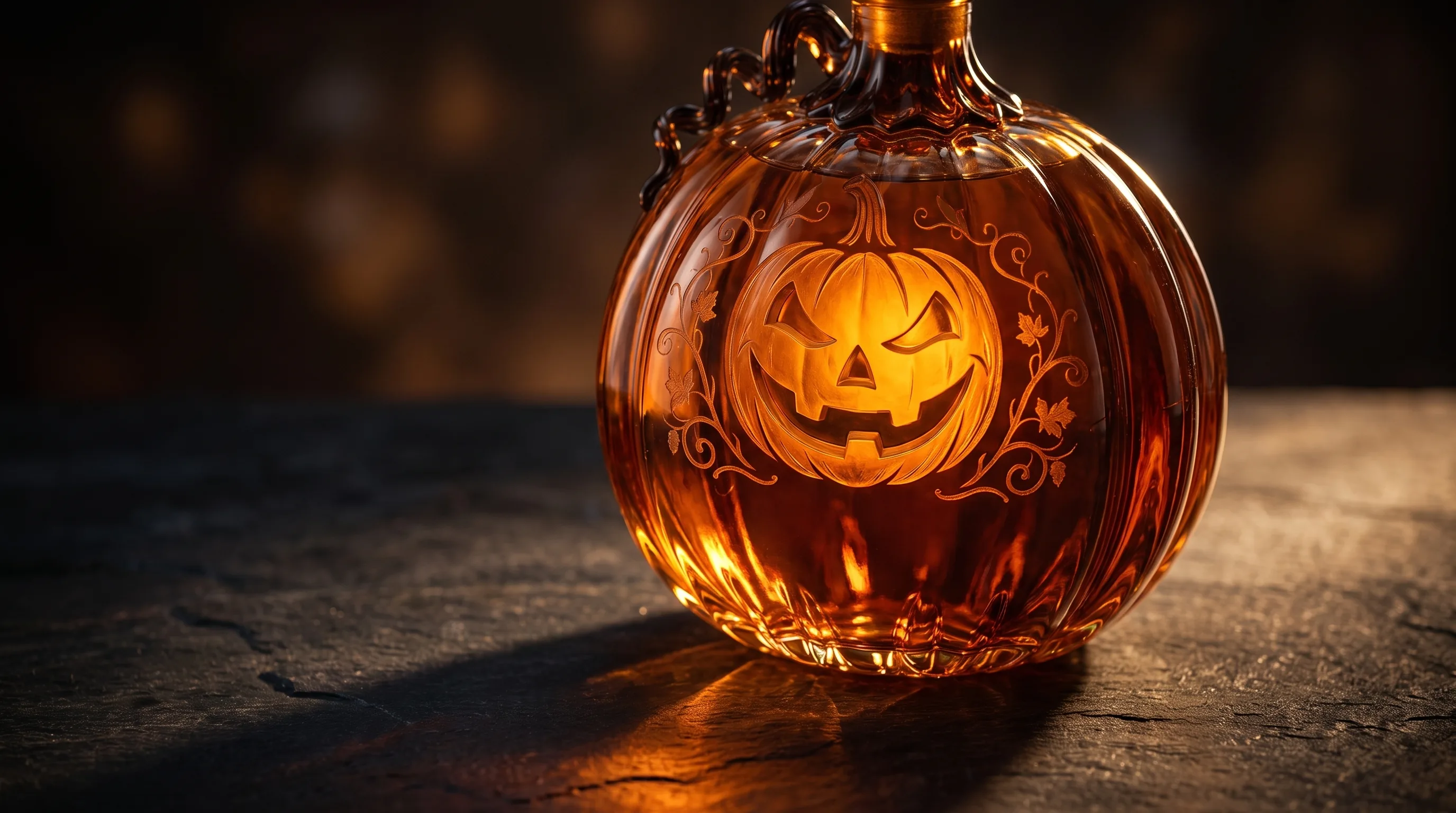 Backlit carved pumpkin glass decanter with the face glowing