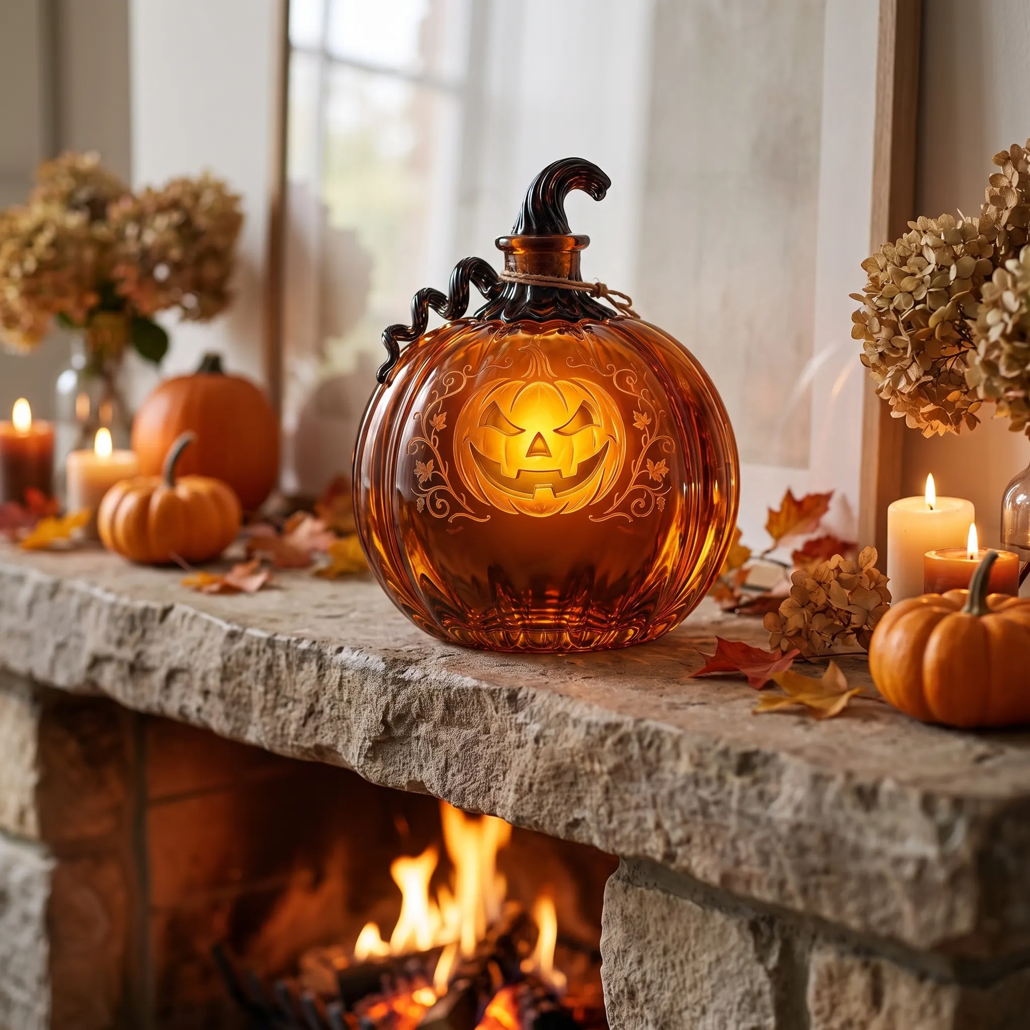 The pumpkin decanter on a home bar beside two tumblers
