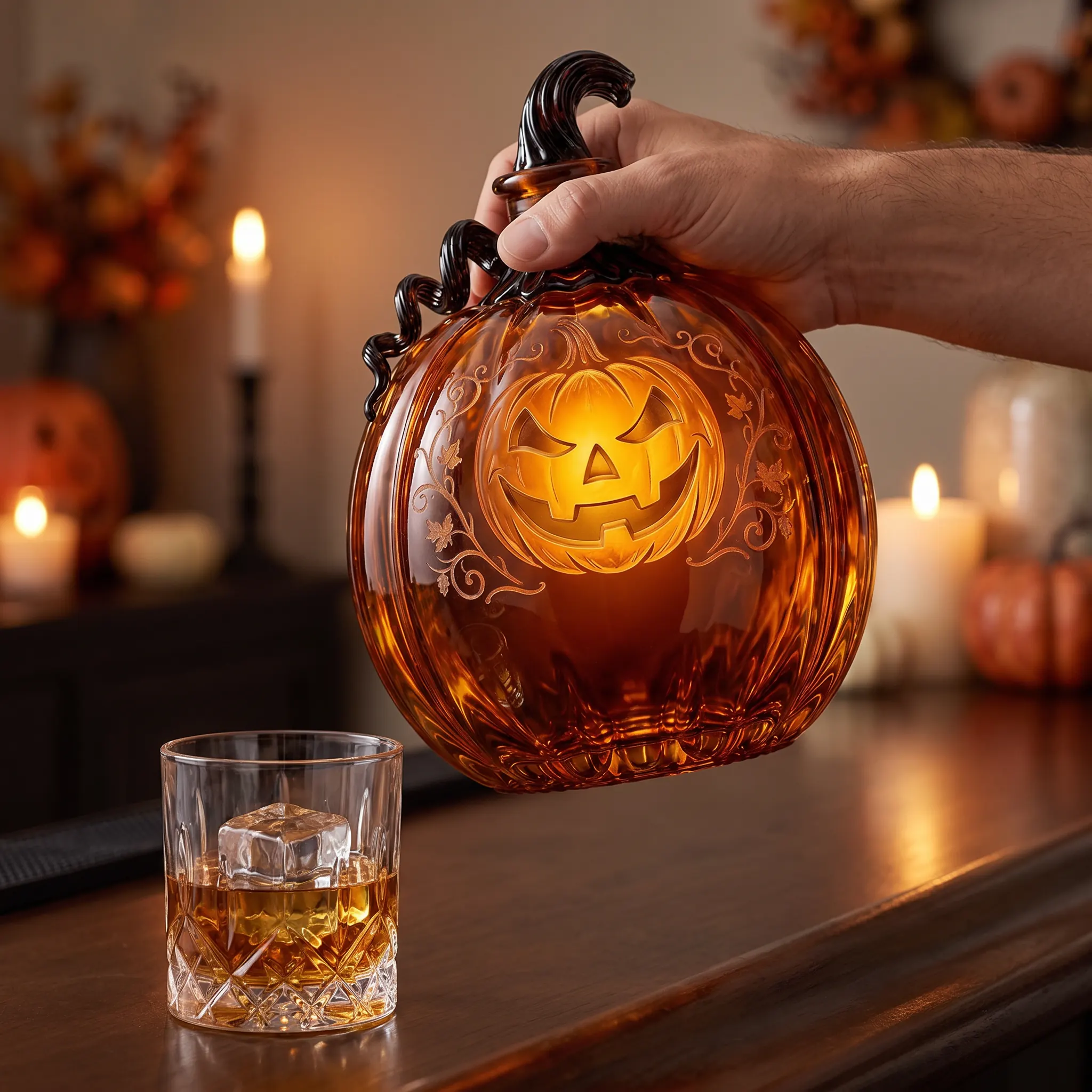 The pumpkin decanter beside an open lined gift box