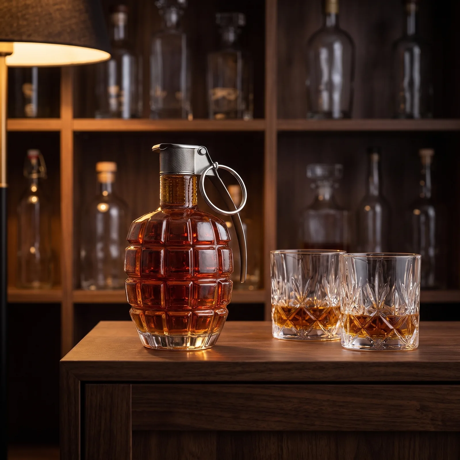 The grenade decanter on a home bar beside two tumblers