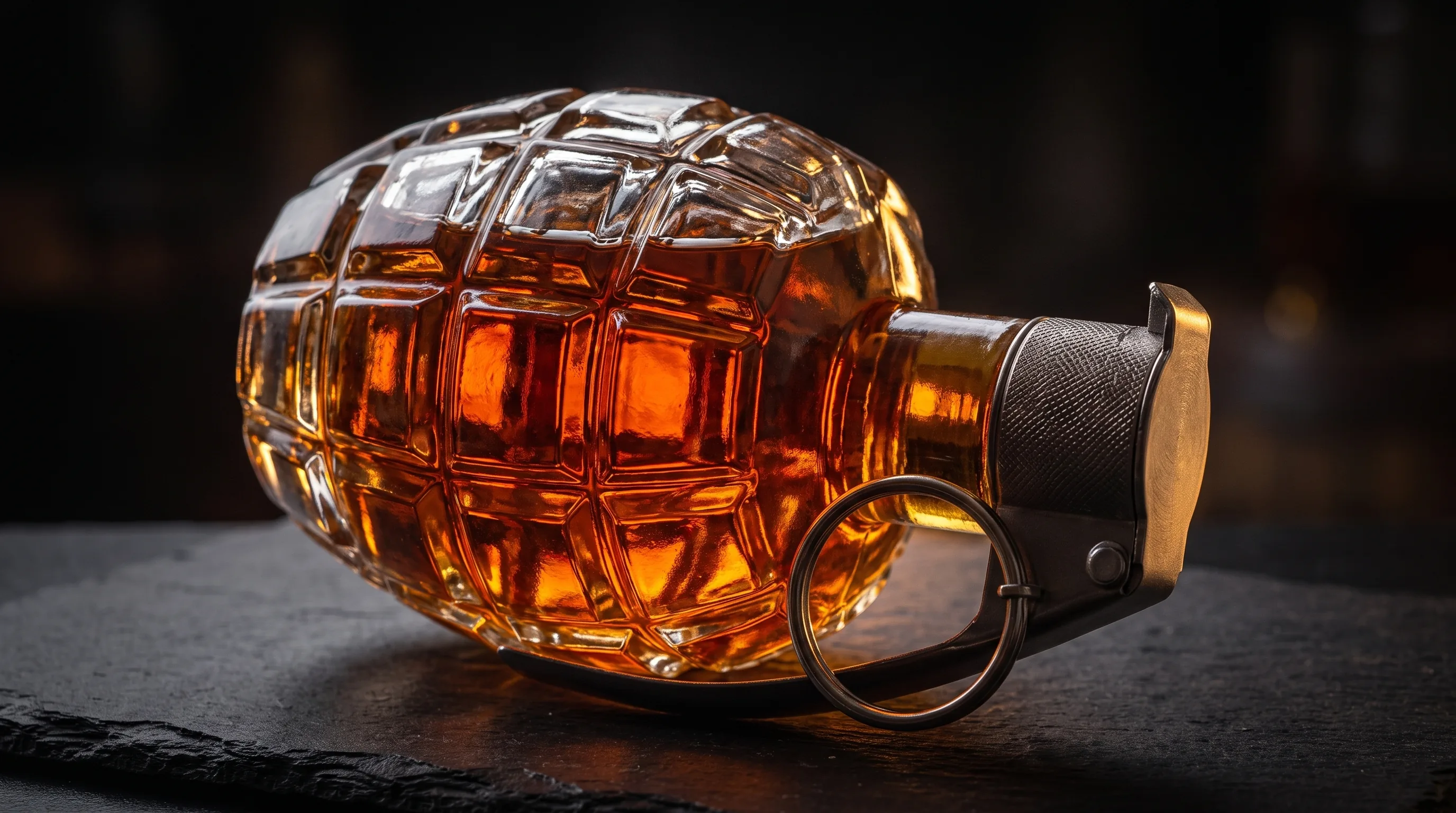Backlit grenade-shaped glass decanter with the facets glowing