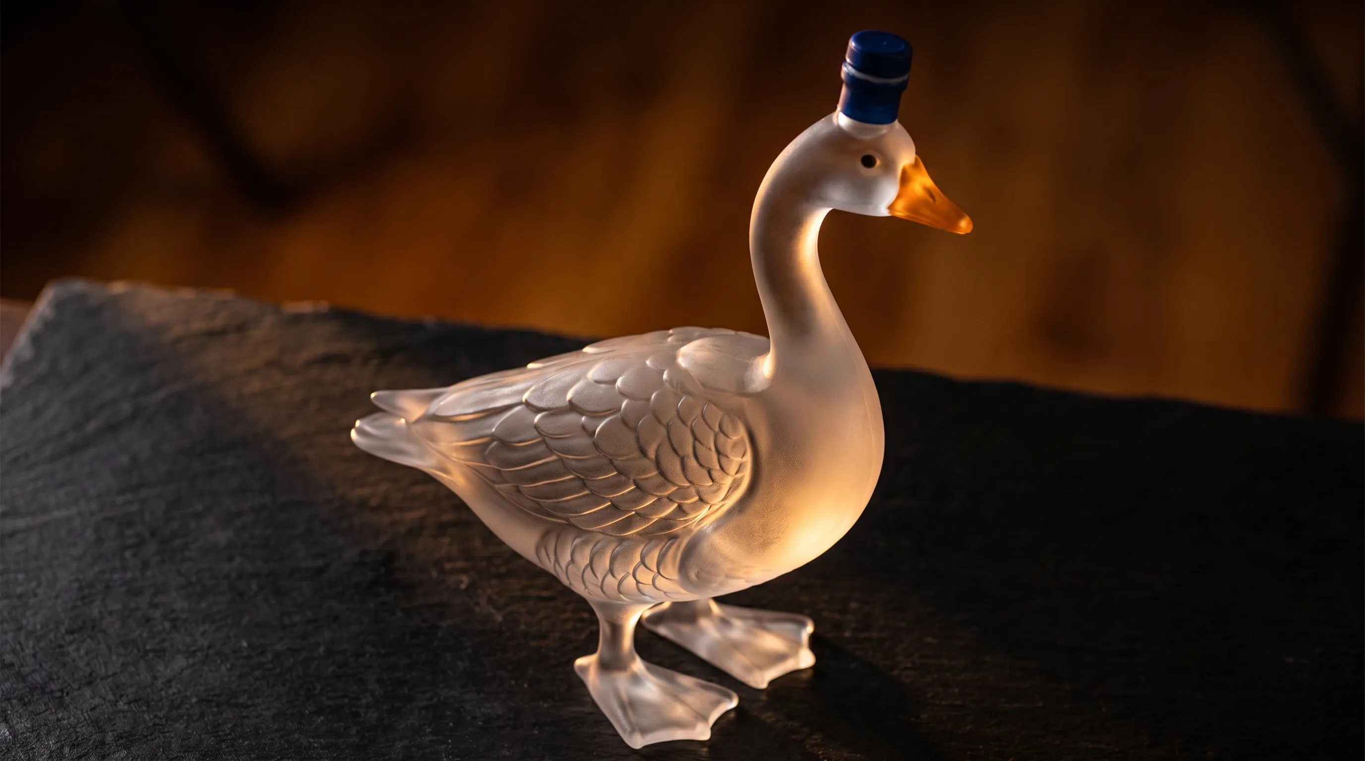 Backlit goose-shaped glass decanter