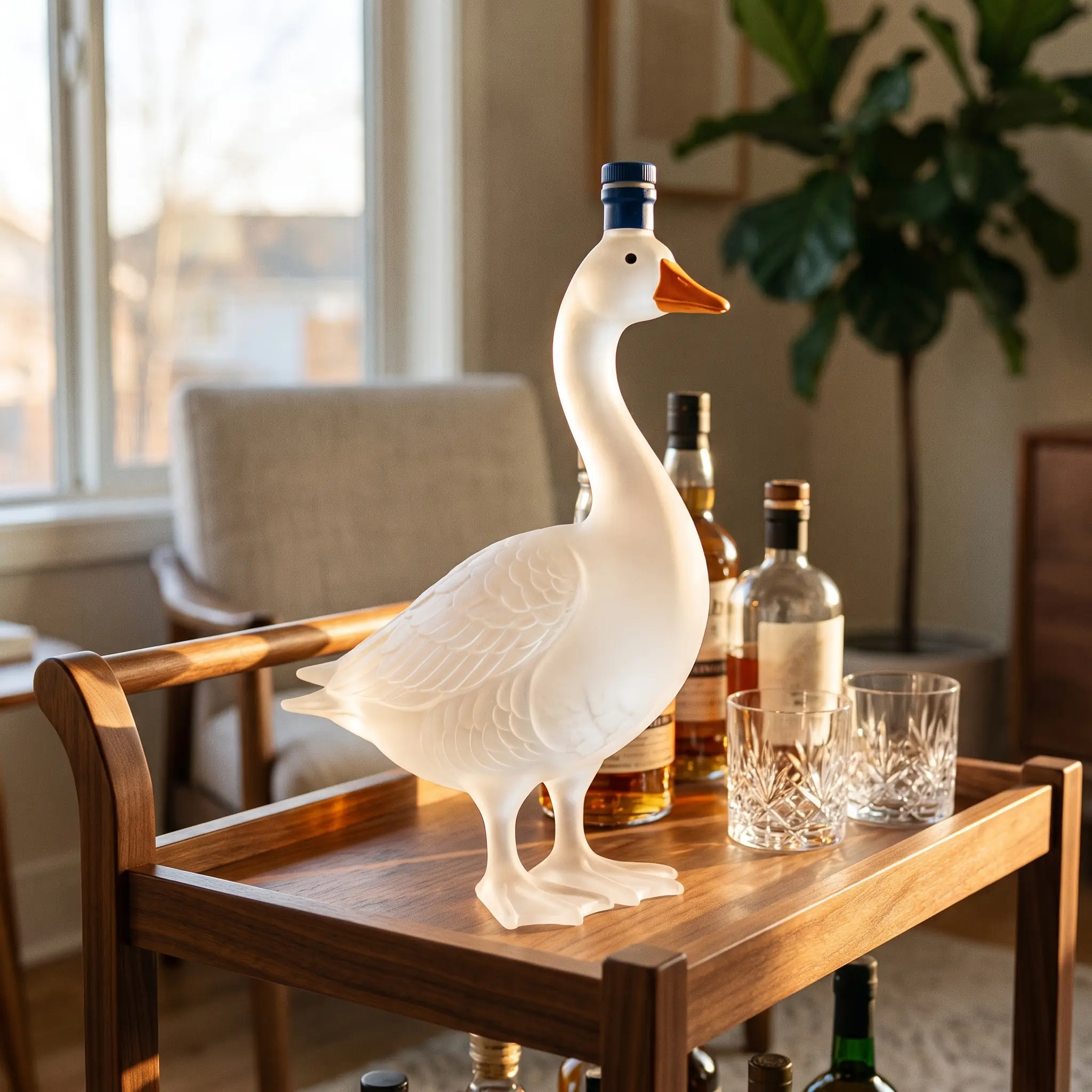 The goose decanter on a home bar beside two tumblers