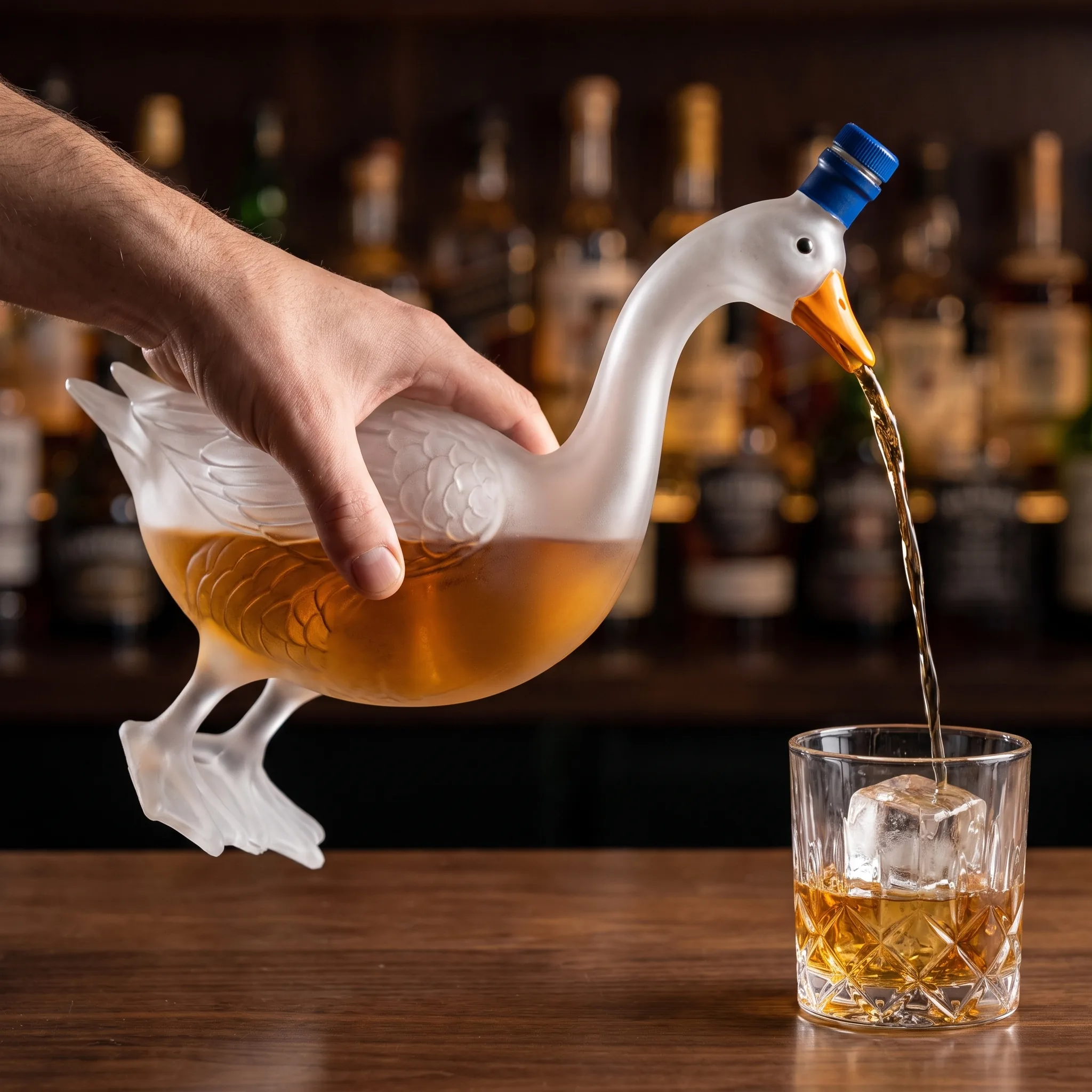 The goose decanter beside an open lined gift box