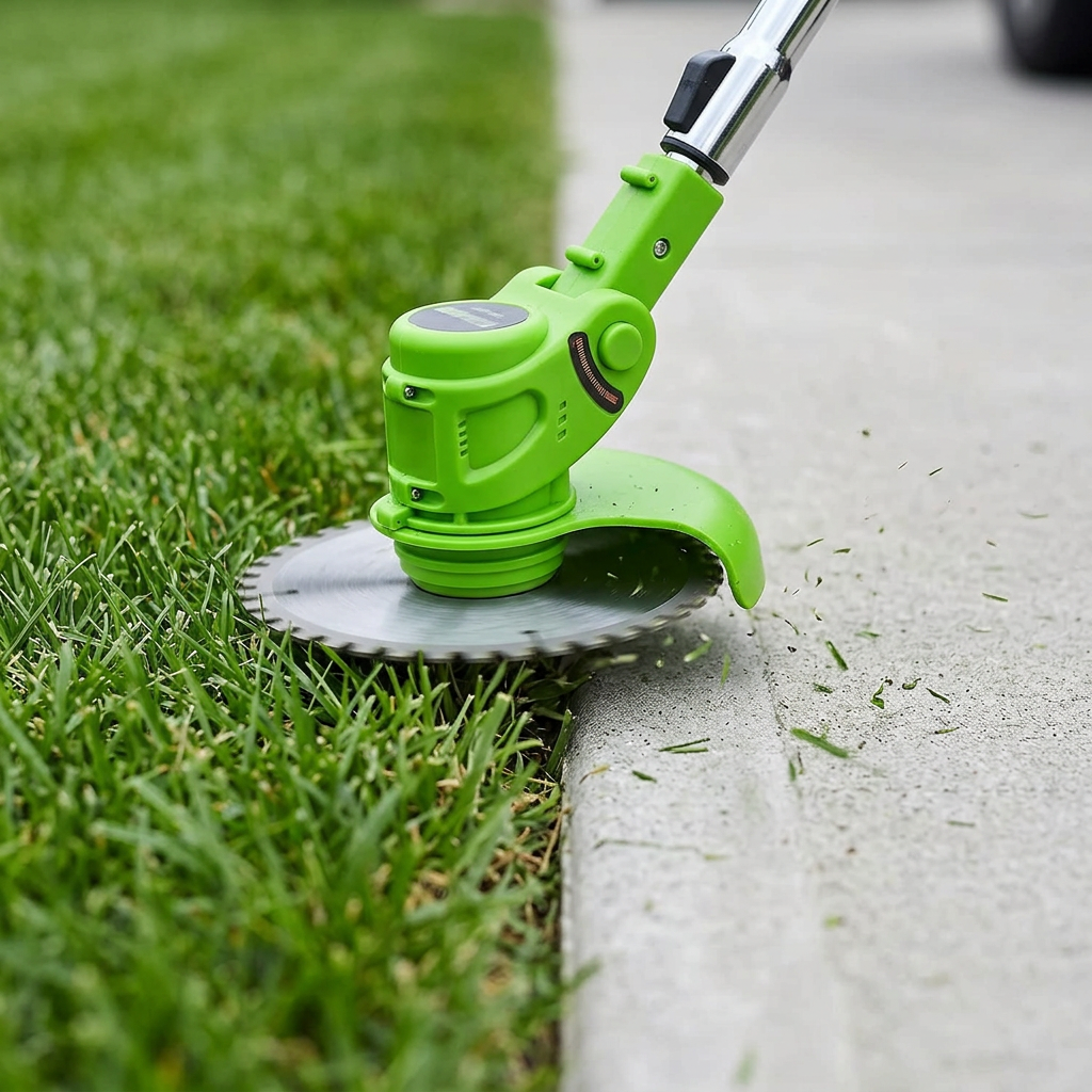 Trimmer head turned on its side, edging between lawn and concrete