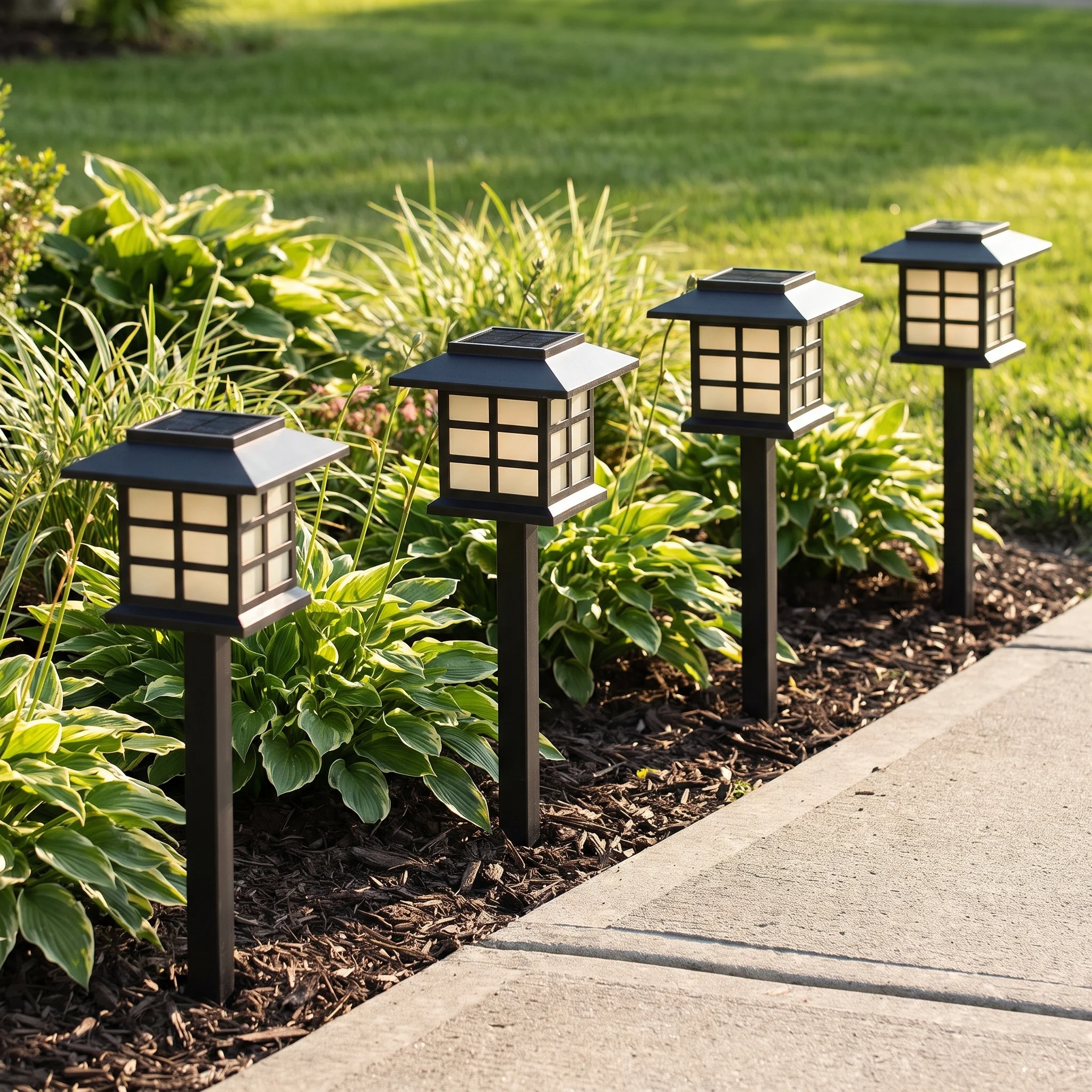 Solar lantern path lights edging a driveway flower bed in daylight