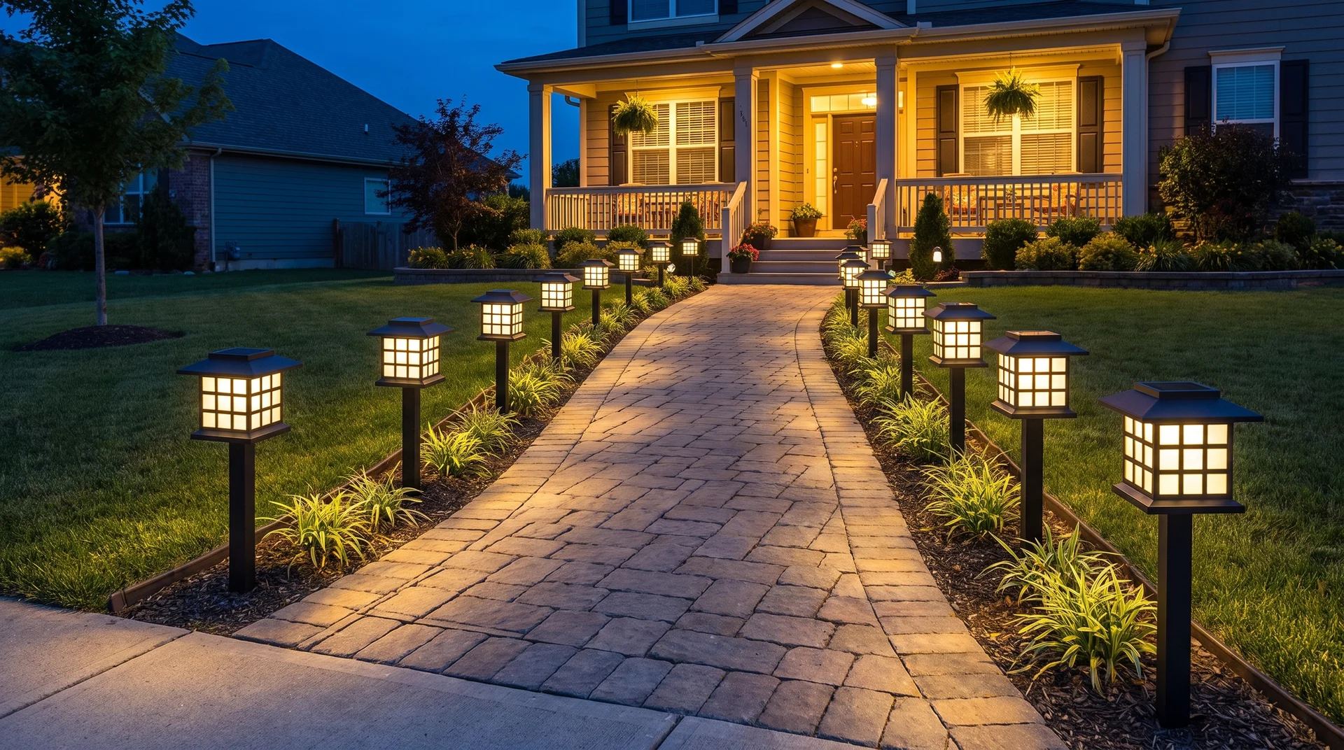 Solar lantern path lights lining a walkway at dusk