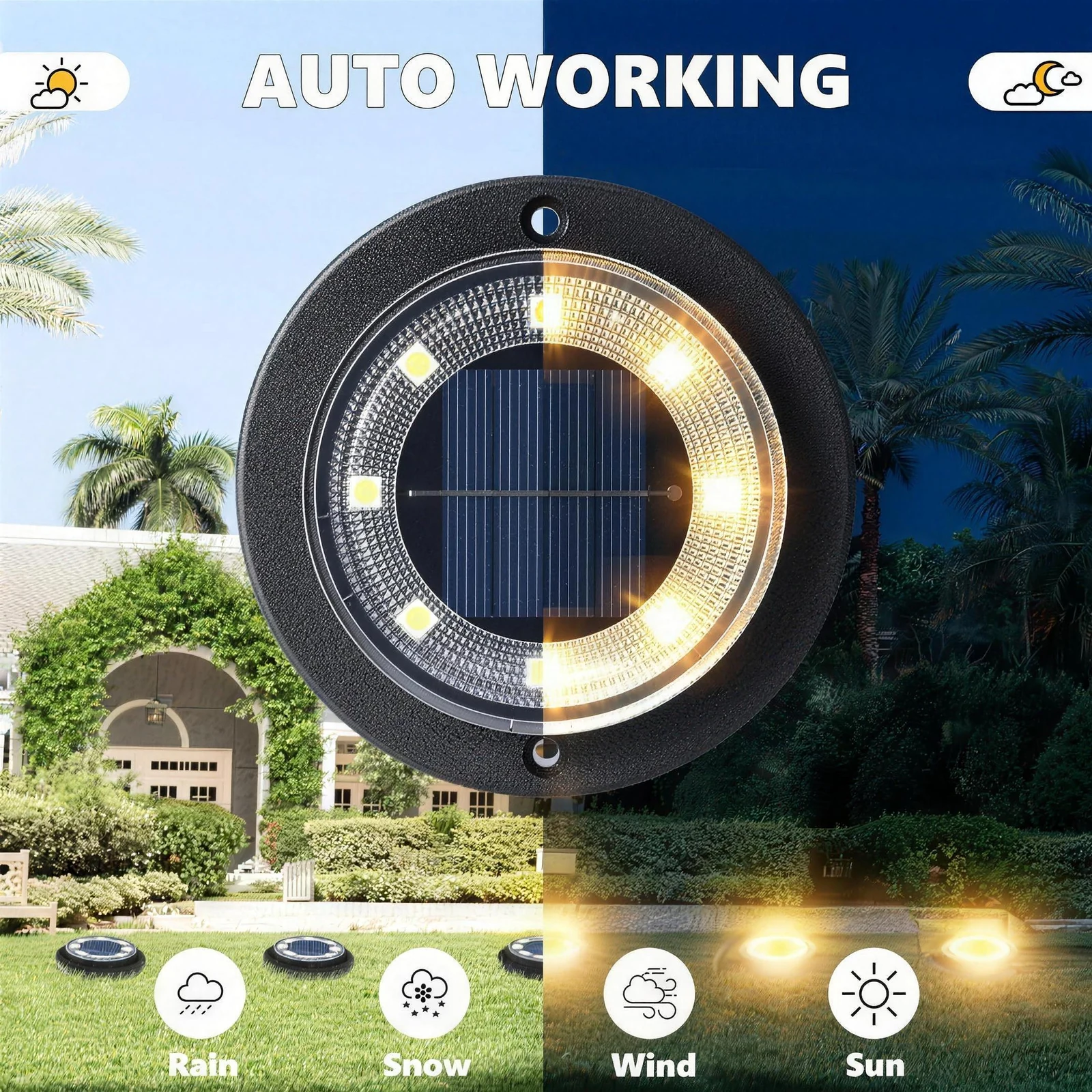 The solar ground light shown charging in daylight and glowing at night