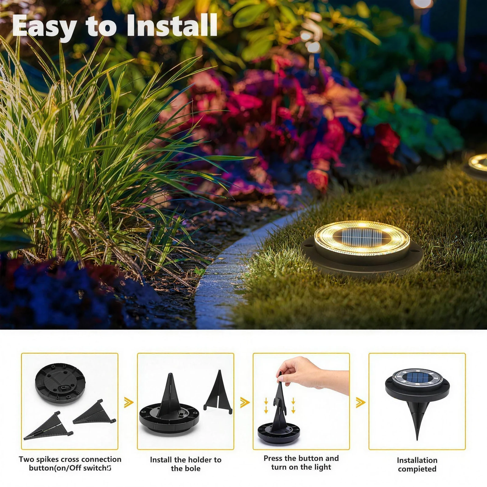 Four-step guide showing the spikes clipping into the base of the light