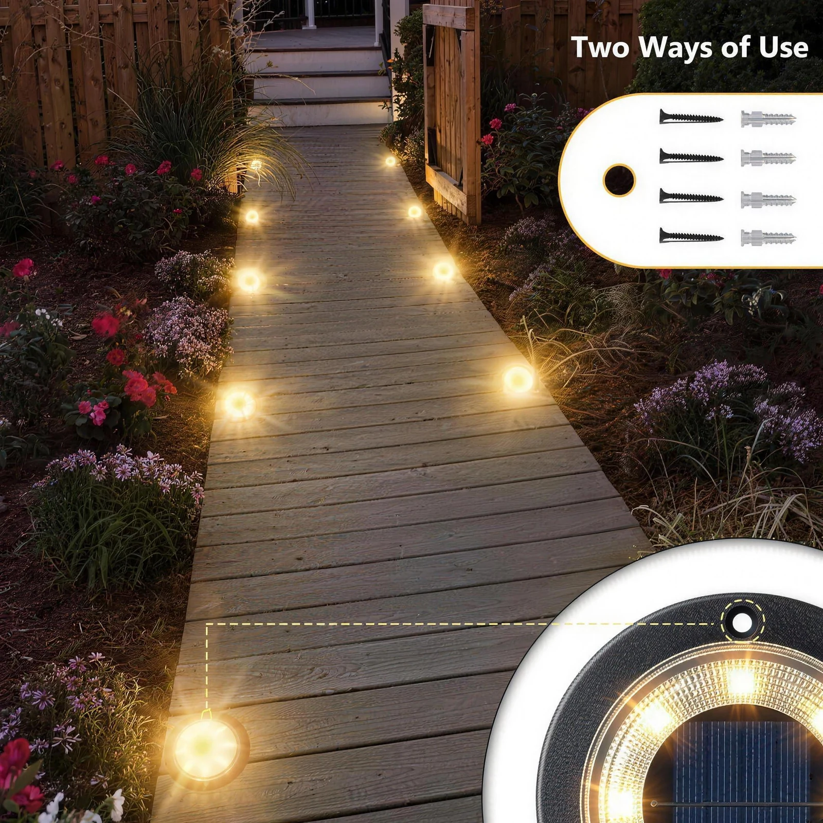 Solar ground lights along a boardwalk path, with the mounting screws and wall plugs shown alongside