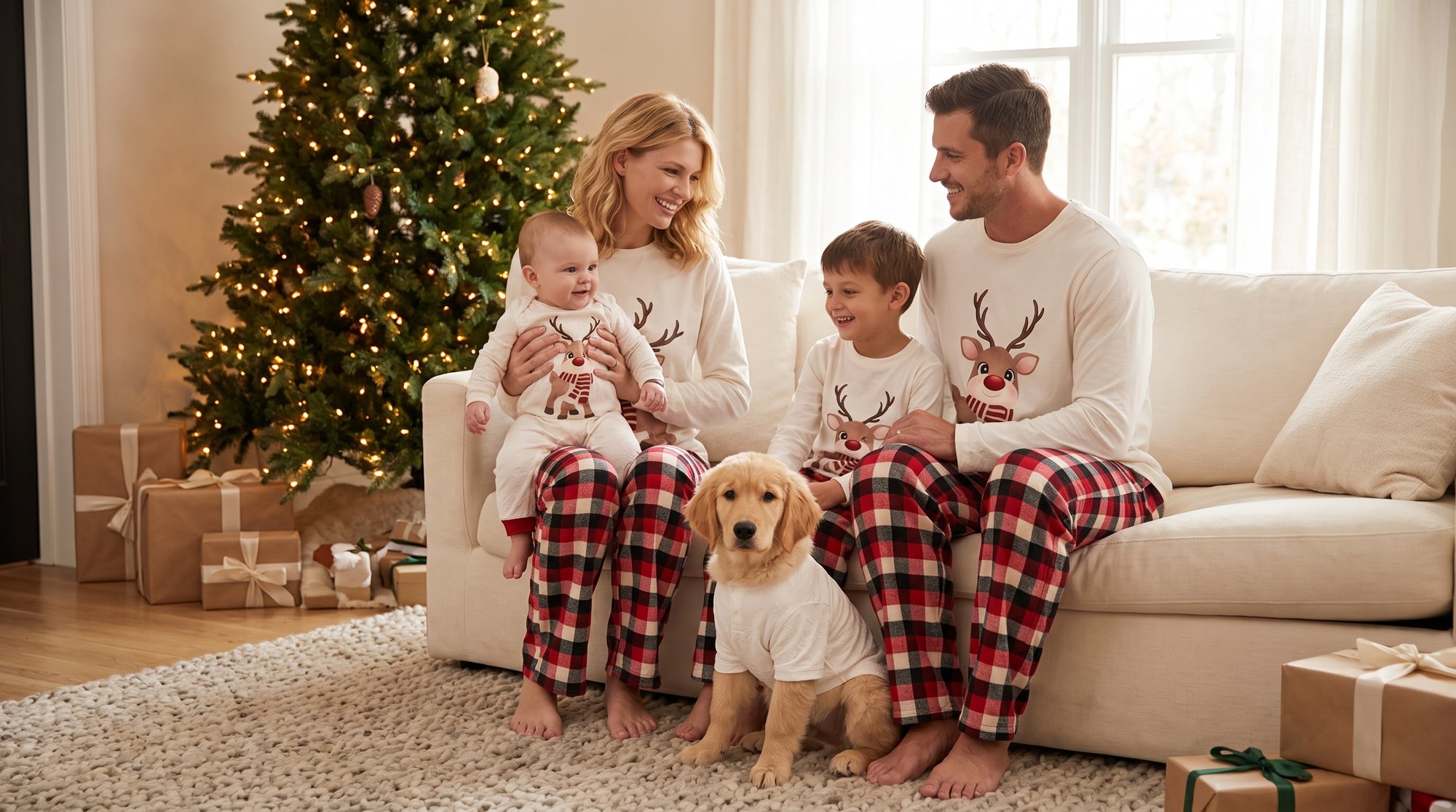 Family in matching Christmas pajamas on a sofa beside a decorated tree