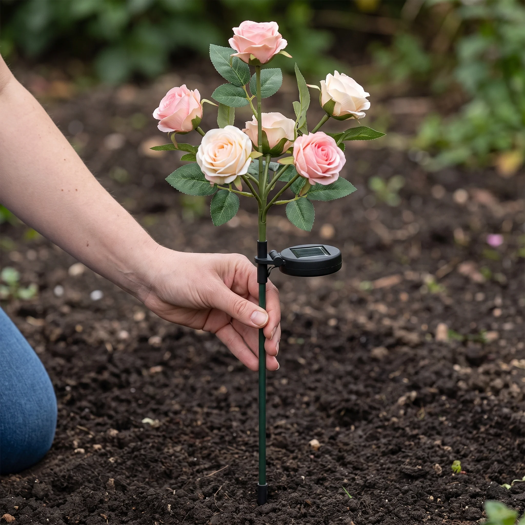 Rose stake shown in scale in a garden bed