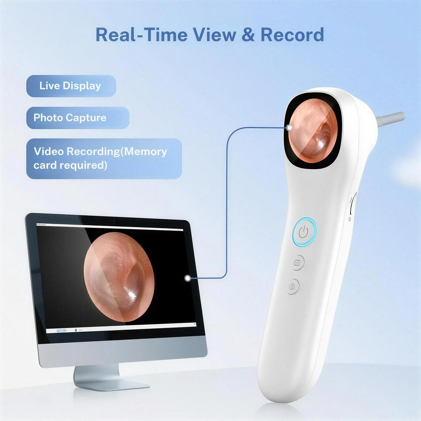 The built-in screen showing a live ear-canal view alongside a desktop display