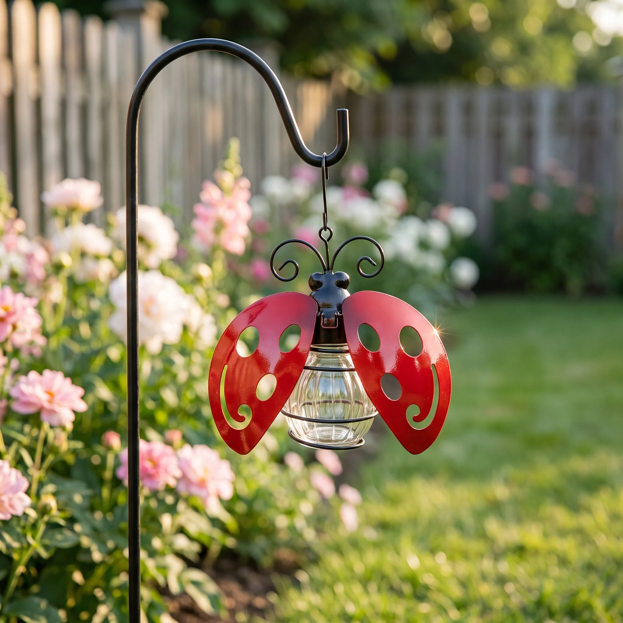 Glossy red enamelled metal ladybug hanging in daylight