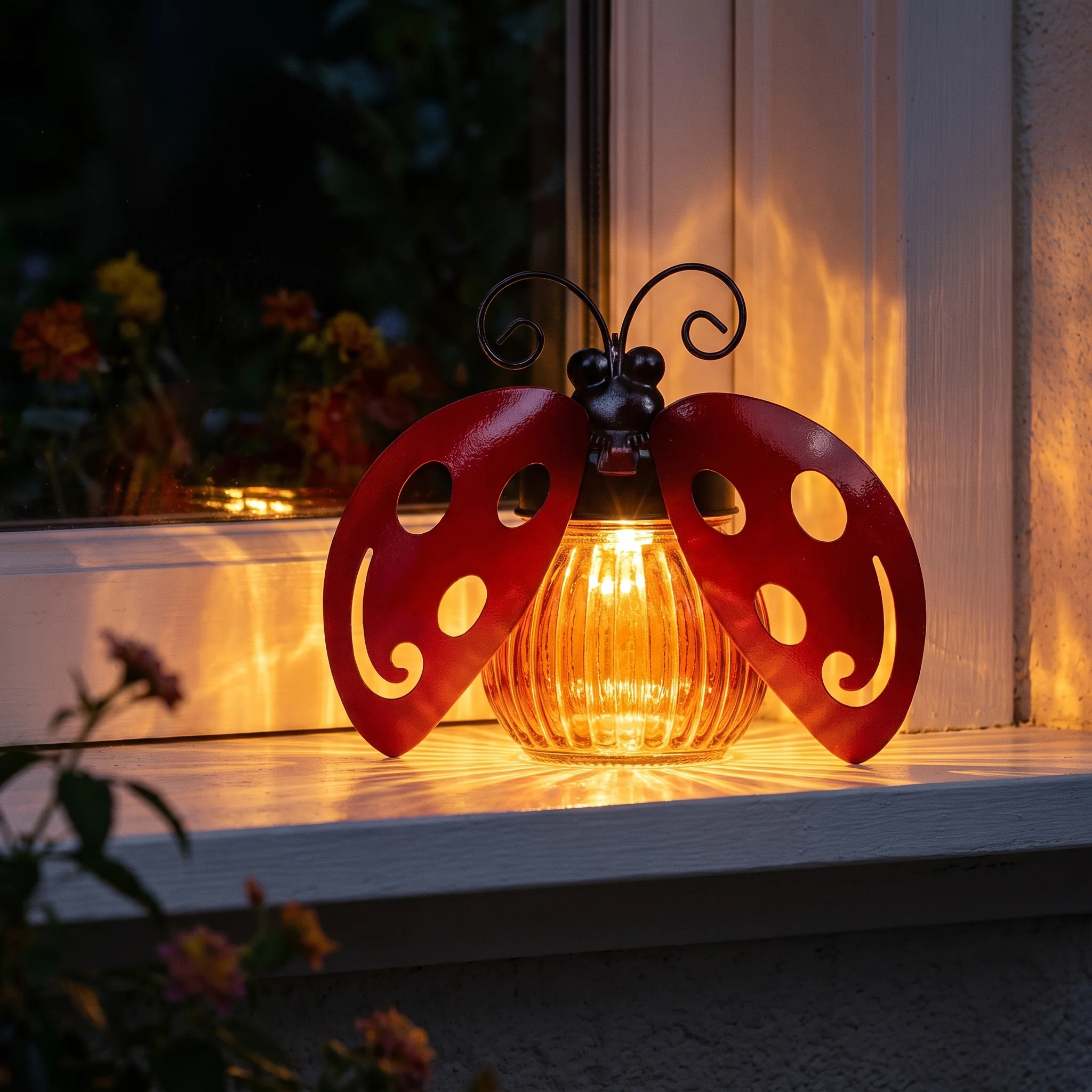 Ladybug lantern throwing a patterned glow after dark