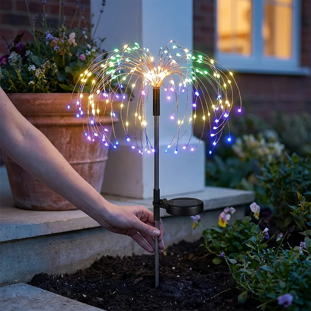 Pushing the stake into a flower bed