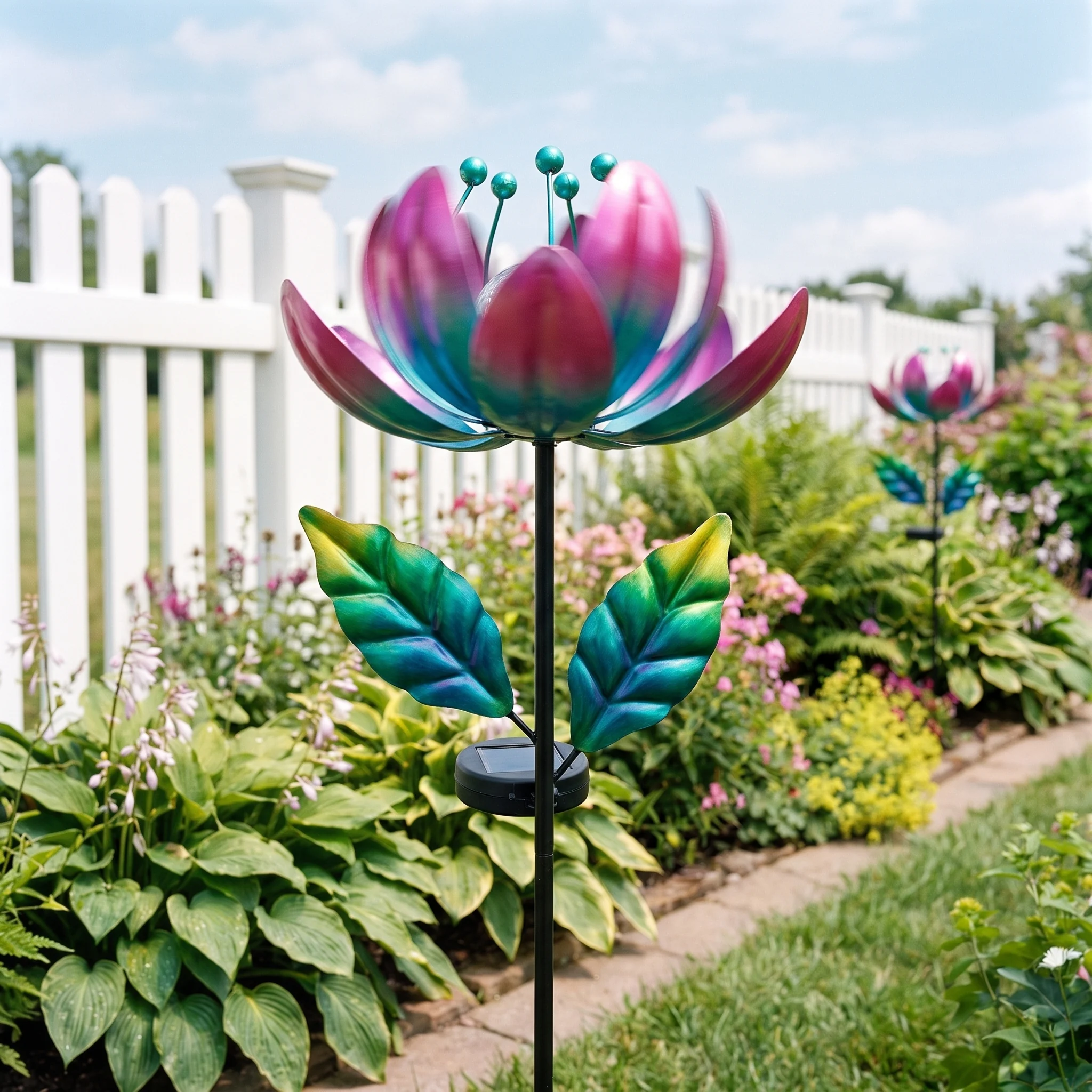 Metal lotus spinning on its stake in a breeze