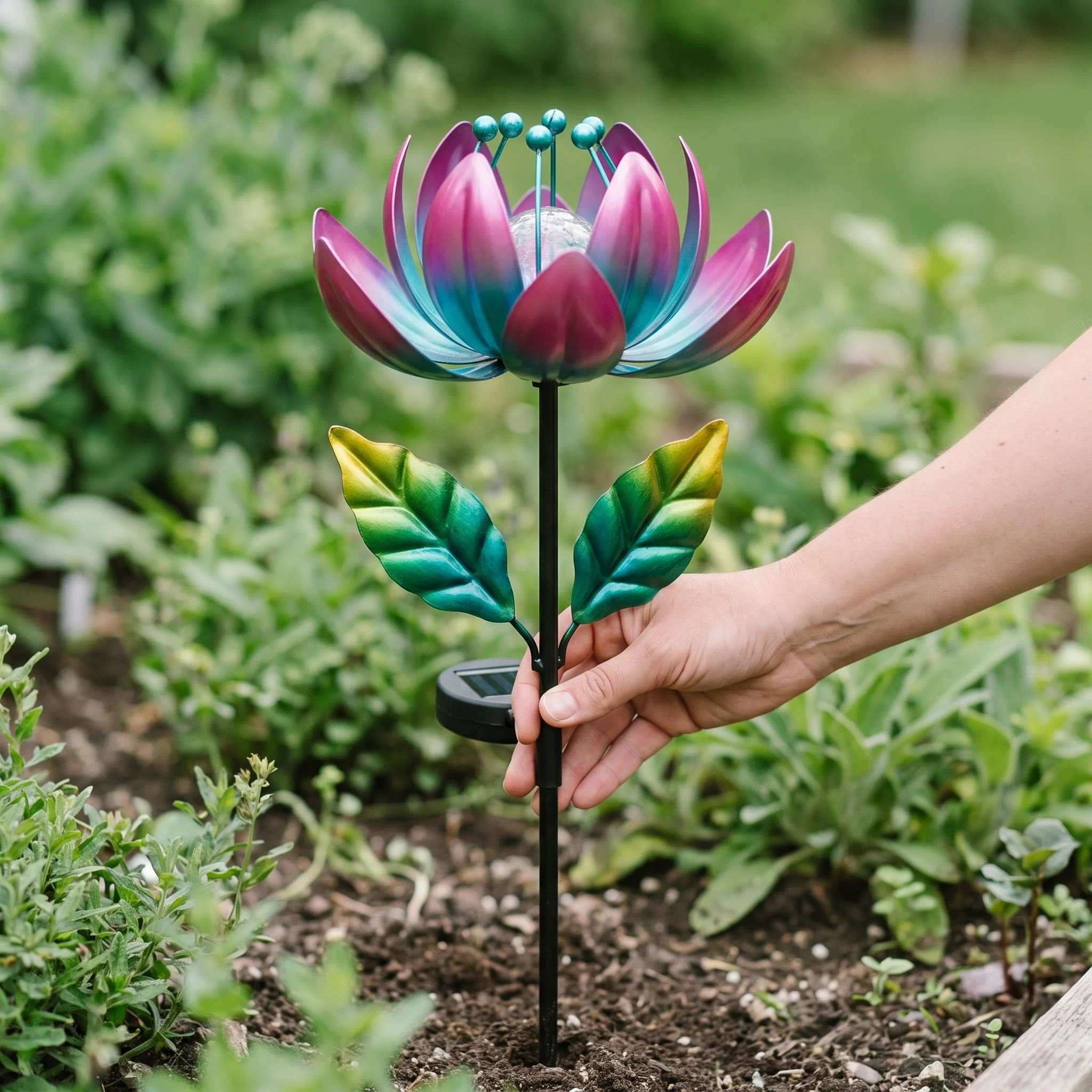 Lotus bloom shown in scale in a border