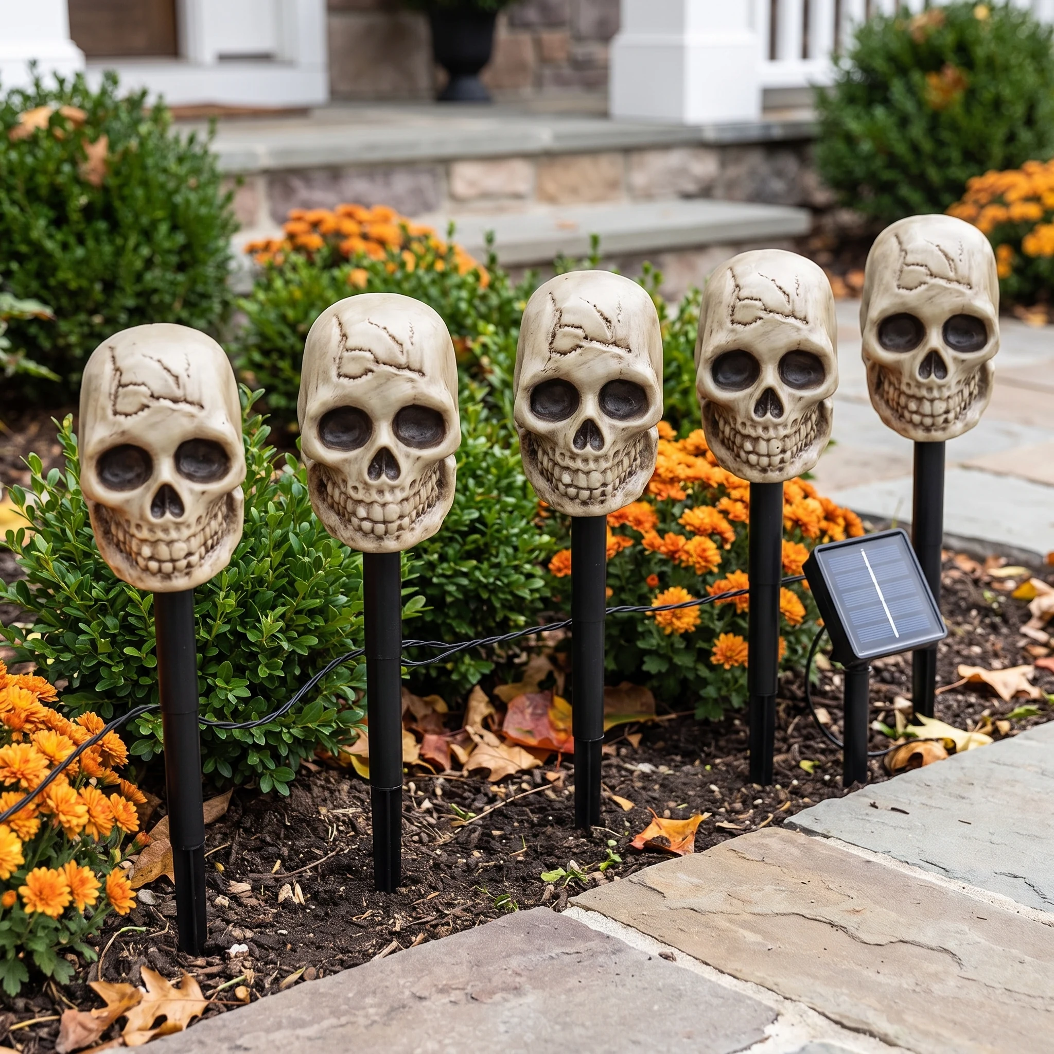 Solar skull stake lights unlit in daylight, showing bone-grey moulded resin skulls on black stakes