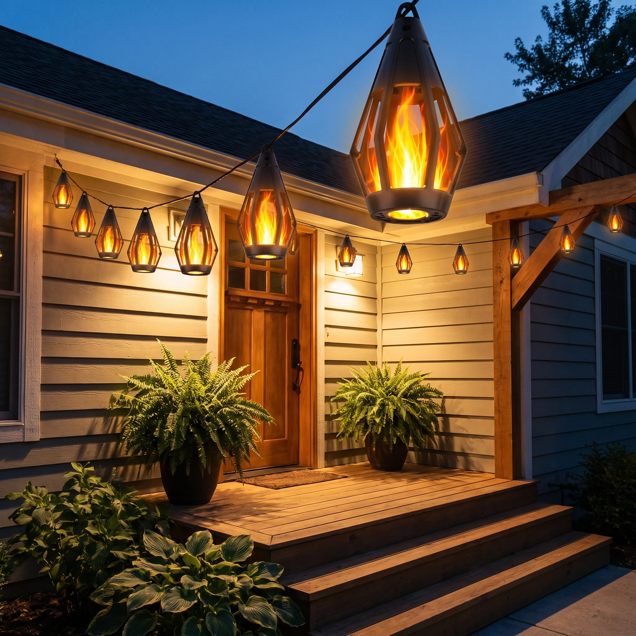 Flame string lights hung along a front porch eave at dusk